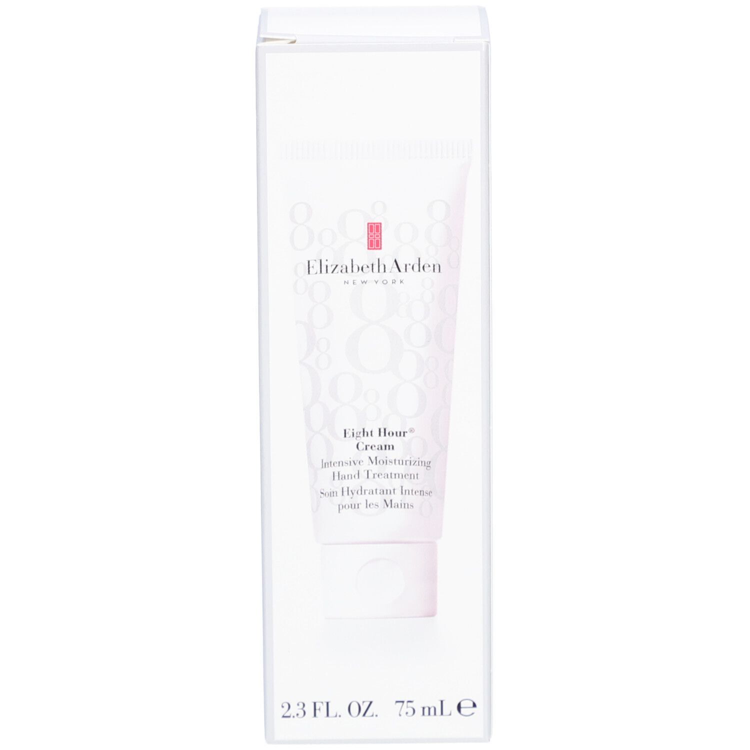 Prodotto nella scatola. Tubo visibile. Sul tubo: Elizabeth Arden, Eight Hour Cream Intensive Moisturizing Hand Treatment.