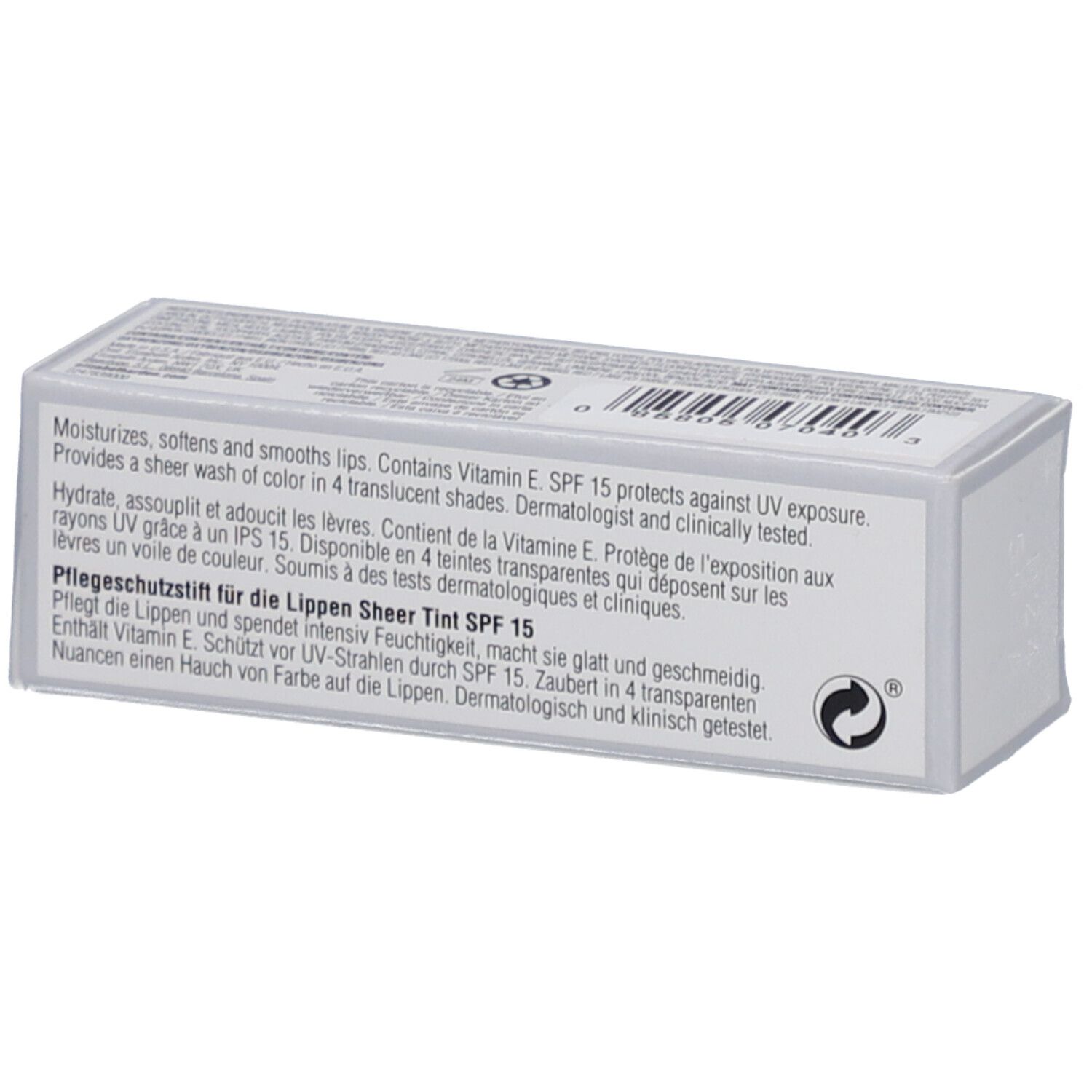 Retro della confezione dello stick protettivo labbra Elizabeth Arden. Informazioni testuali.