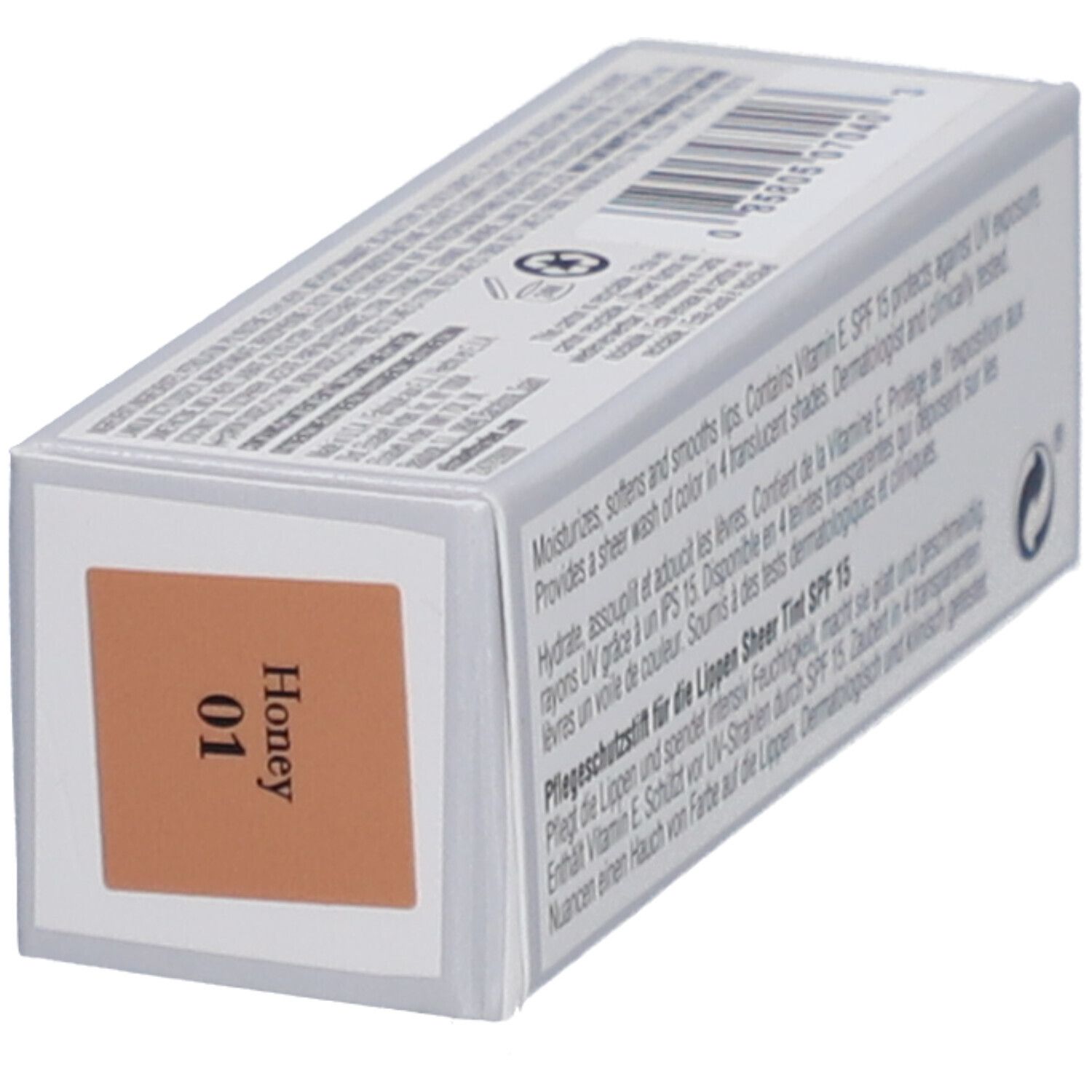 Retro della confezione dello stick protettivo labbra Elizabeth Arden. Tonalità Honey 01.