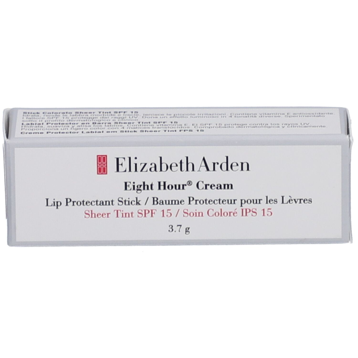 Stick protettivo labbra Elizabeth Arden. Confezione bianca con informazioni e logo.