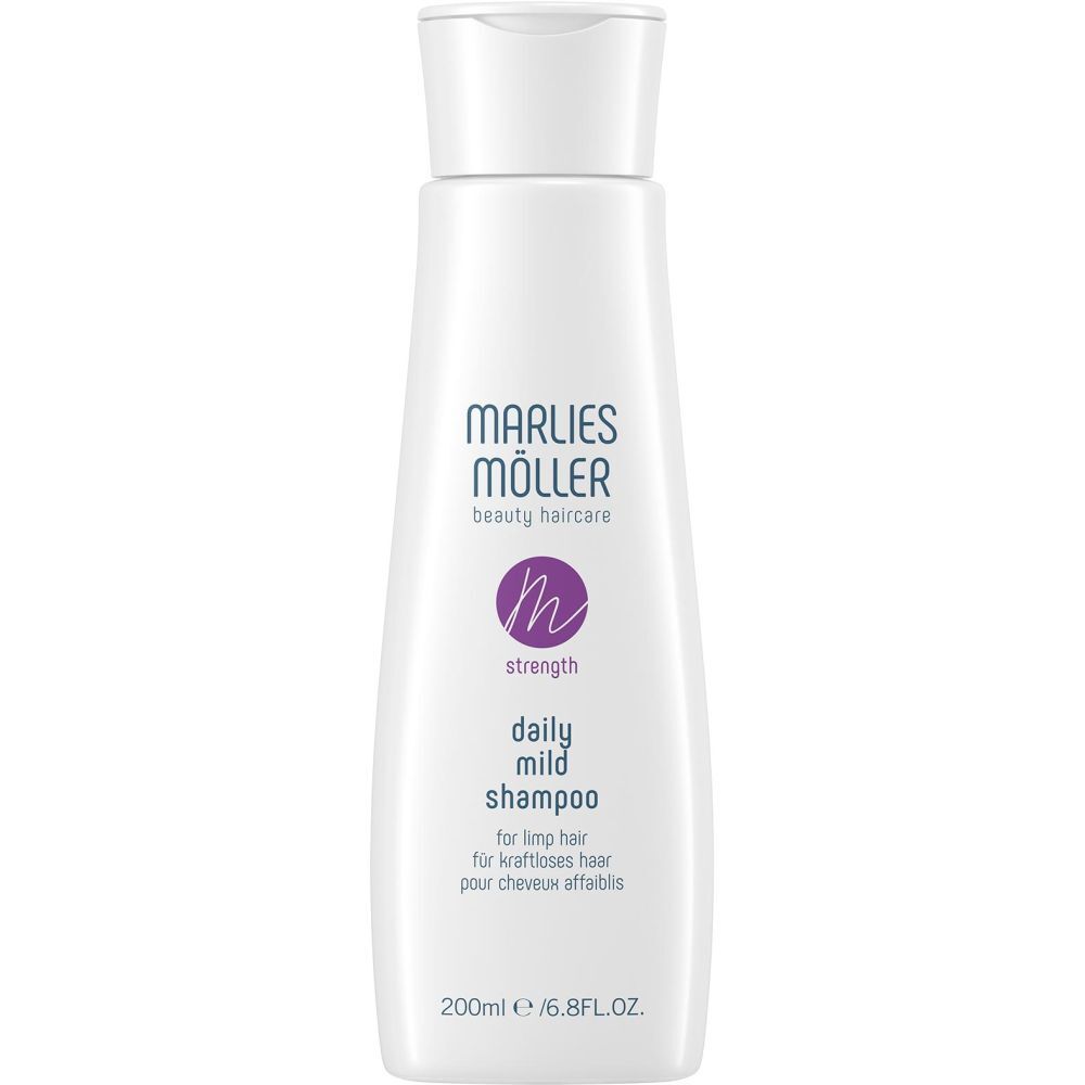 Flacone di shampoo bianco con dettagli viola. Scritta: Marlies Möller, Daily Mild Shampoo. 200ml.