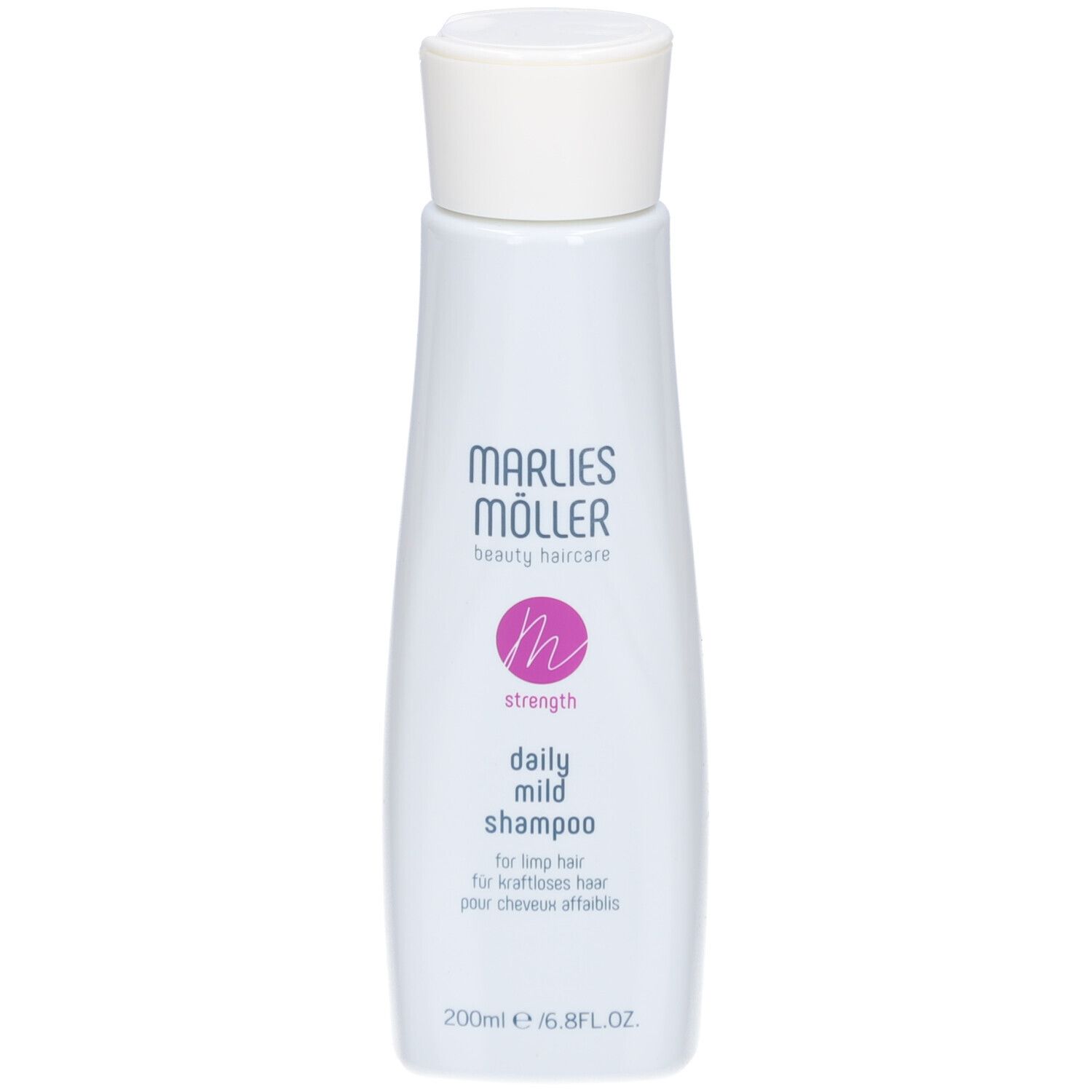 Flacone di shampoo bianco con tappo bianco. Scritta: Marlies Möller, daily mild shampoo. 200ml/6.8FL.OZ.