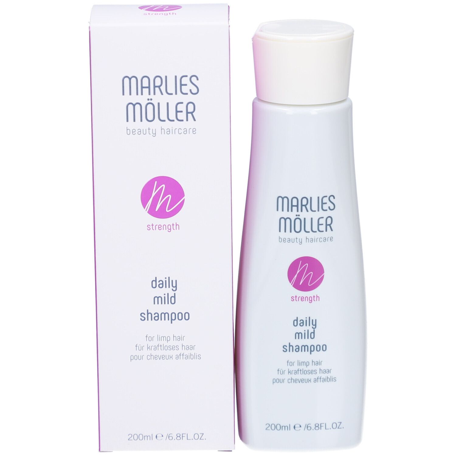 Confezione del prodotto con flacone di shampoo. Scritta: Marlies Möller, daily mild shampoo. 200ml/6.8FL.OZ.