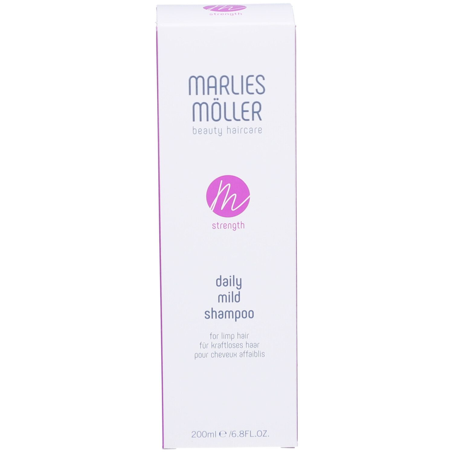 Confezione del prodotto. Scritta: Marlies Möller, daily mild shampoo. 200ml/6.8FL.OZ.