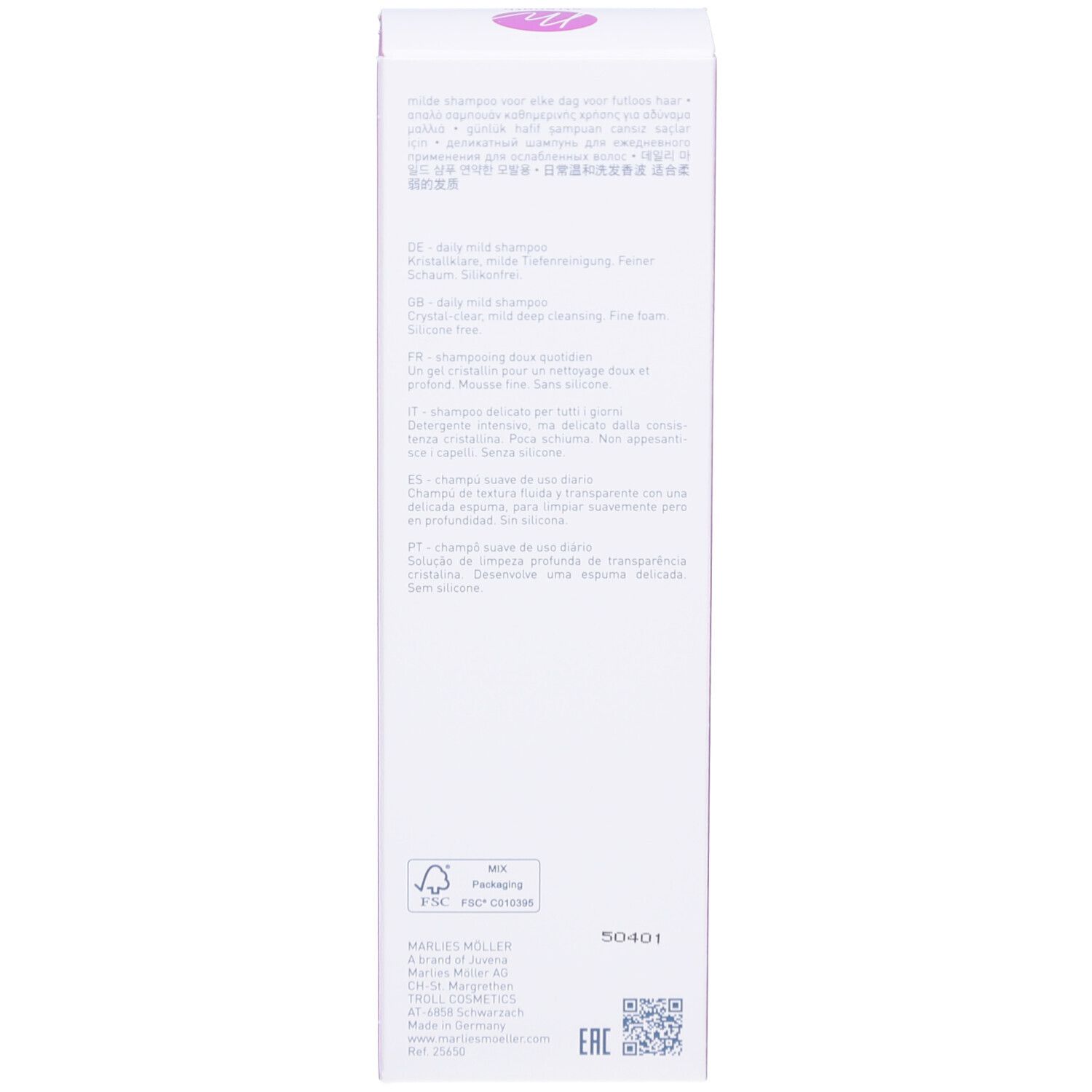 Confezione del prodotto, retro. Testo: Istruzioni per l'uso, ingredienti, informazioni sul produttore. 200ml/6.8FL.OZ.