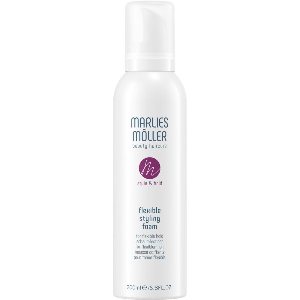 Flacone bianco con erogatore spray. Scritta: Marlies Möller, Style & Hold, Flexible Styling Foam. 200ml.