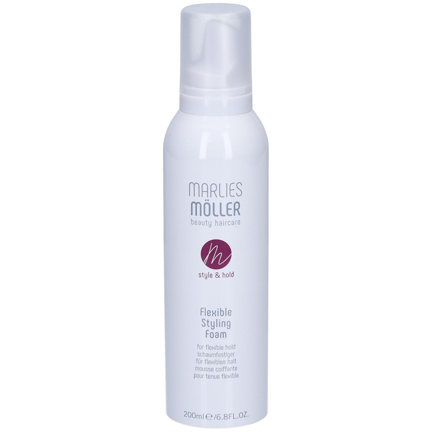 Flacone bianco con erogatore spray. Scritta: Marlies Möller, Style & Hold, Flexible Styling Foam. 200ml.