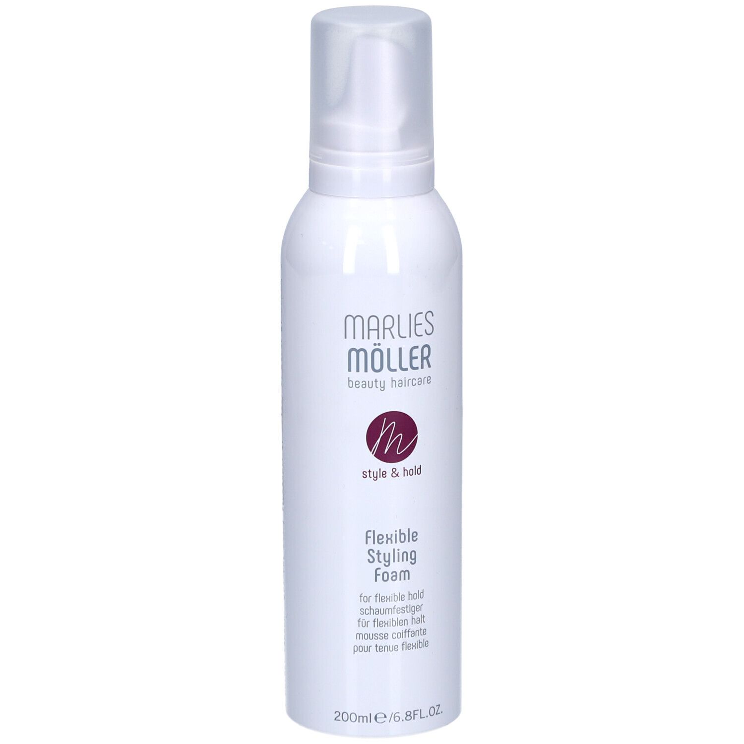 Flacone bianco con erogatore spray. Scritta: Marlies Möller, Style & Hold, Flexible Styling Foam. 200ml.