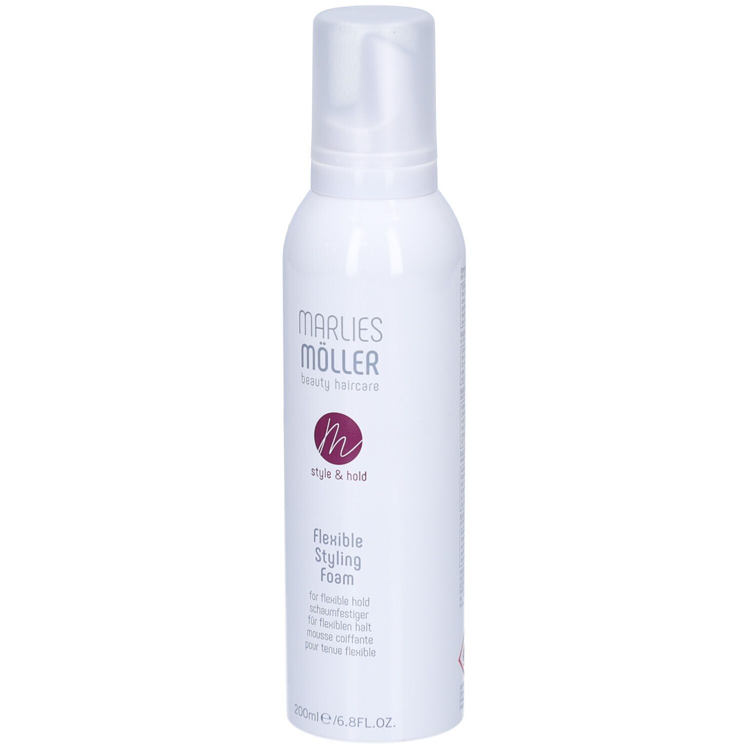 Flacone bianco con erogatore spray. Scritta: Marlies Möller, Style & Hold, Flexible Styling Foam. 200ml.