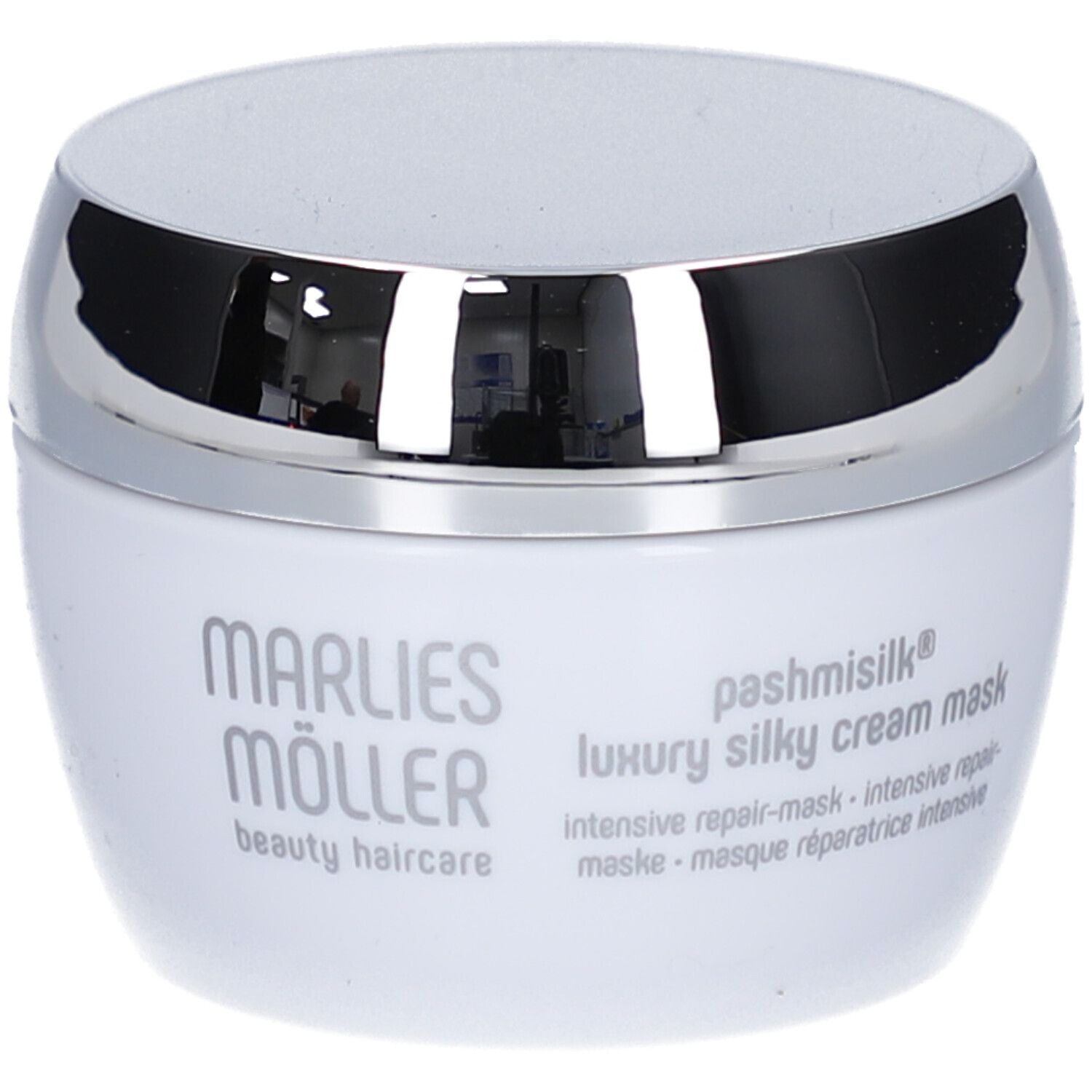 Vaso bianco con coperchio argentato. Scritta: Marlies Möller, Pashmisilk, Luxury Silky Cream Mask.