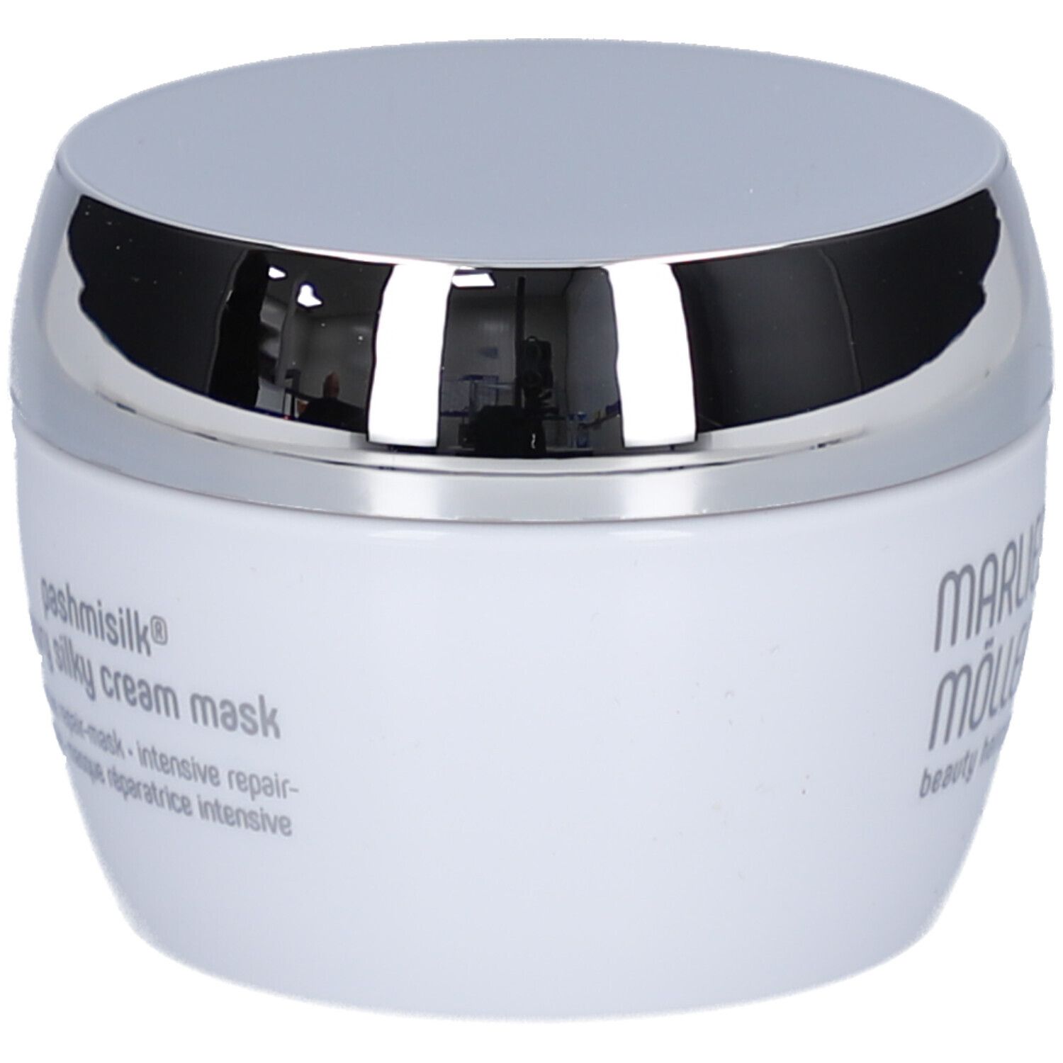 Vaso bianco con coperchio argentato. Scritta: Marlies Möller, Pashmisilk, Luxury Silky Cream Mask.