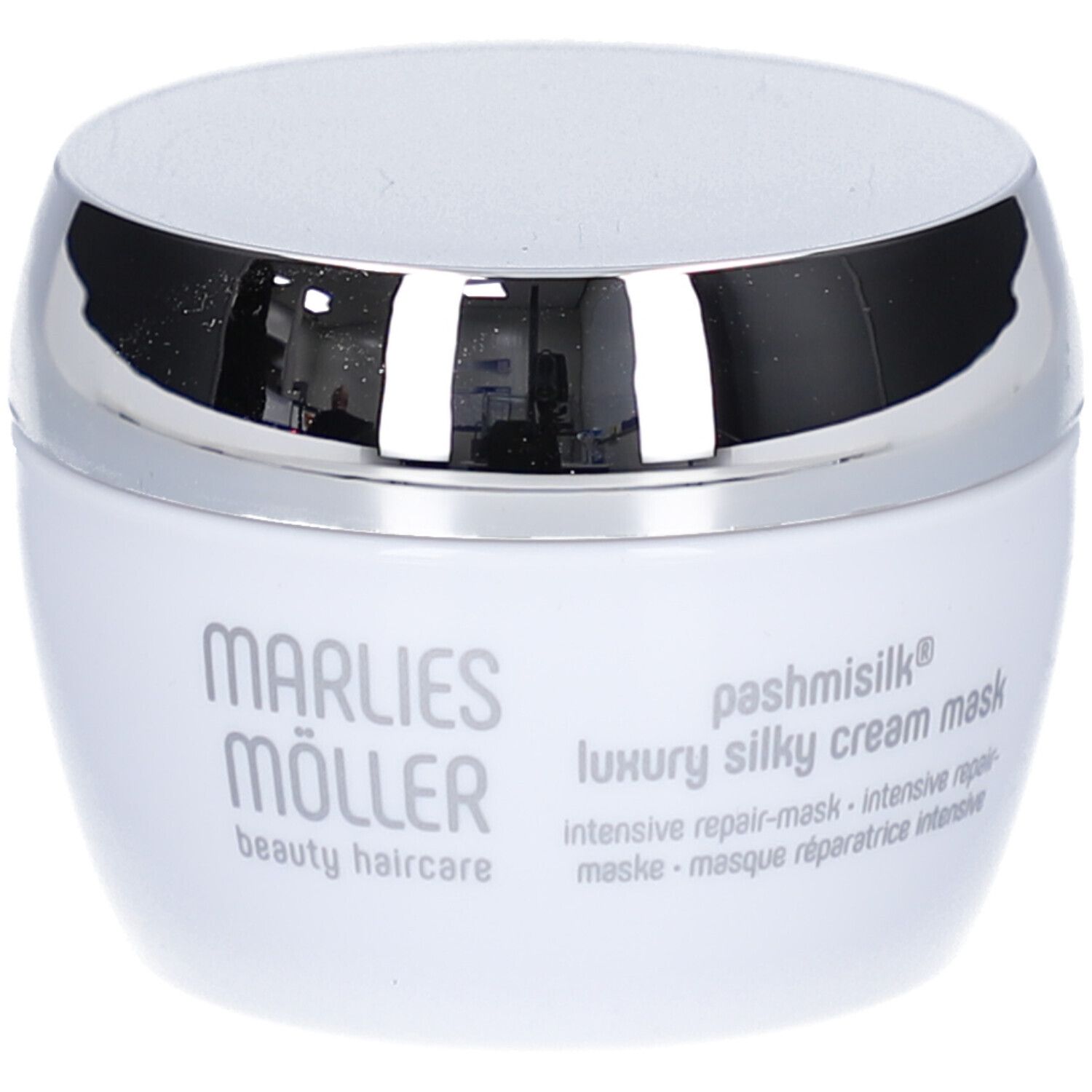 Vaso bianco con coperchio argentato. Scritta: Marlies Möller, Pashmisilk, Luxury Silky Cream Mask.
