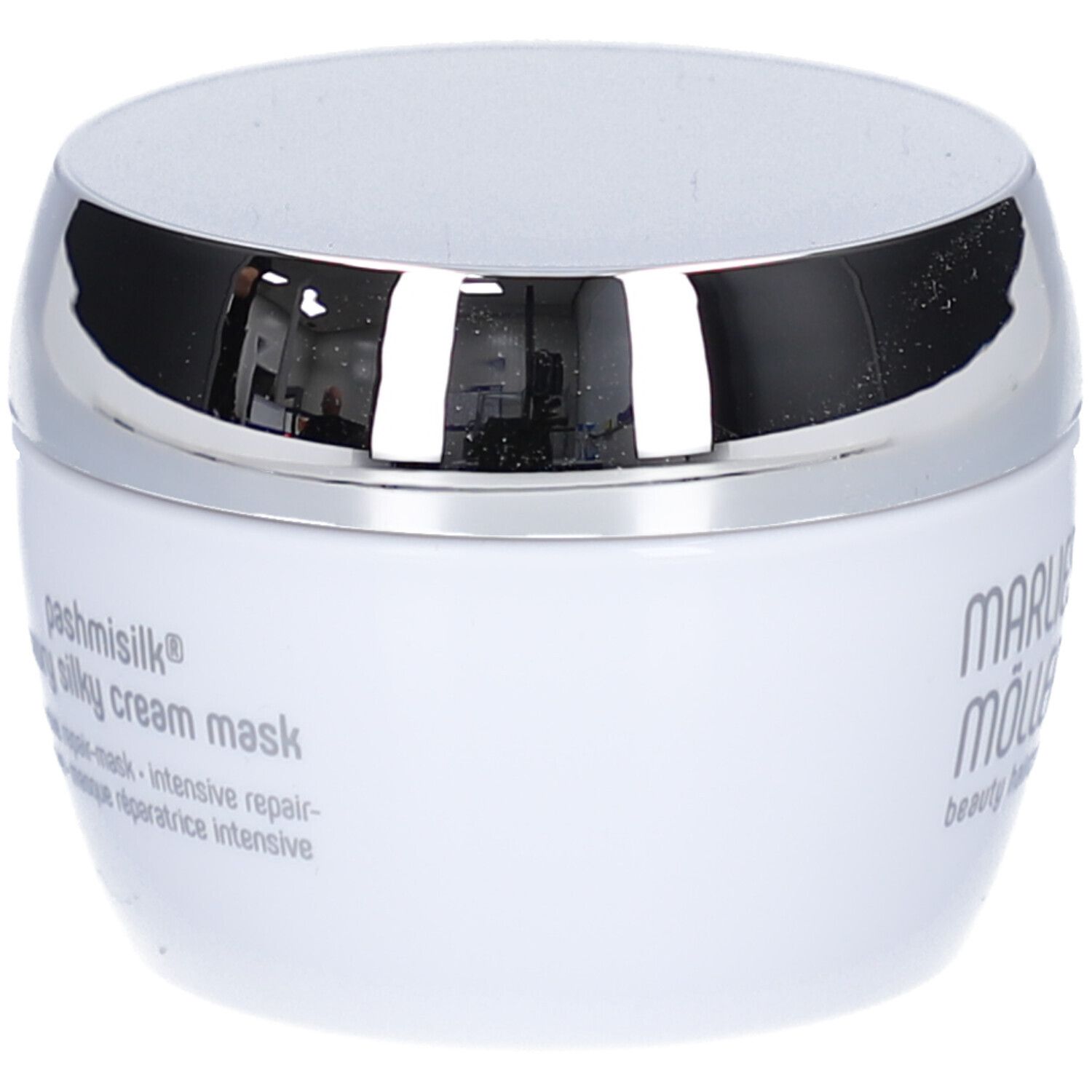 Vaso bianco con coperchio argentato. Scritta: Marlies Möller, Pashmisilk, Luxury Silky Cream Mask.
