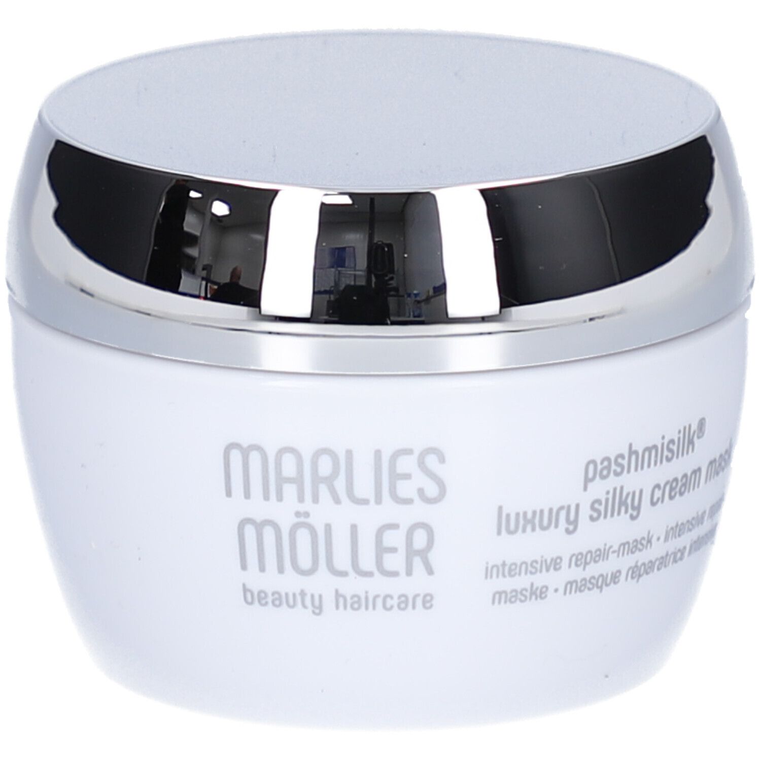 Vaso bianco con coperchio argentato. Scritta: Marlies Möller, Pashmisilk, Luxury Silky Cream Mask.