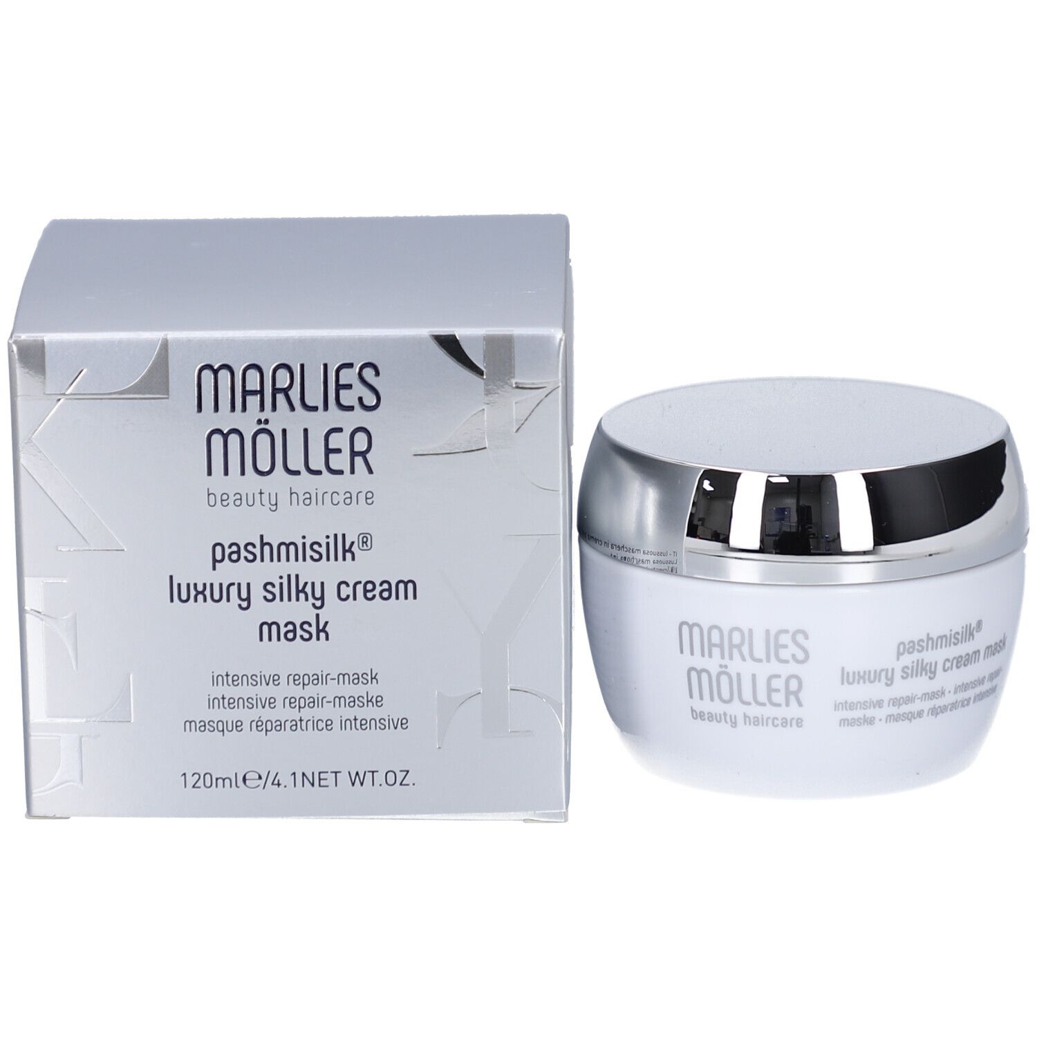 Vaso bianco con coperchio argentato. Scritta: Marlies Möller, Pashmisilk, Luxury Silky Cream Mask.