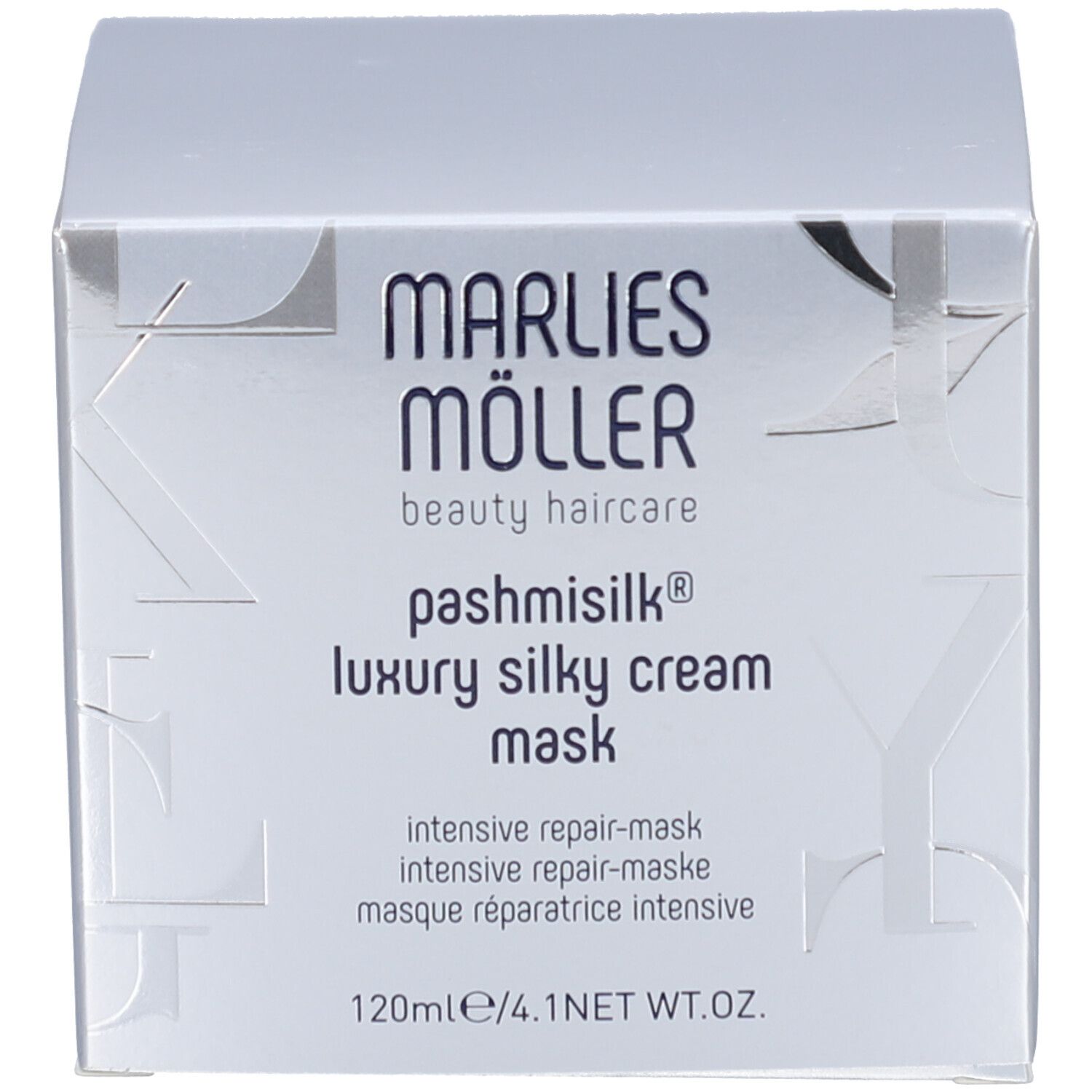 Confezione e vaso del prodotto. Scritta: Marlies Möller, Pashmisilk, Luxury Silky Cream Mask.