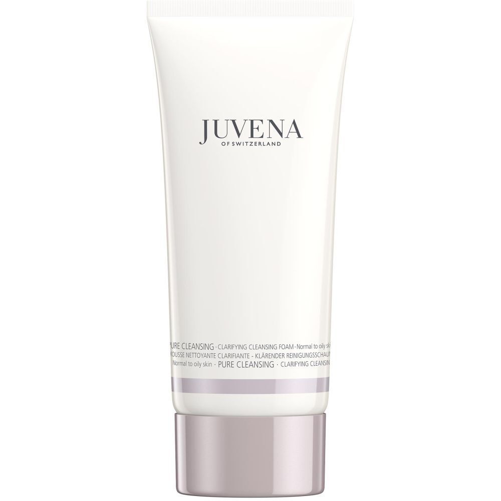 Tubo bianco con prodotto. Scritta: JUVENA OF SWITZERLAND. Testo: Clarifying Cleansing Foam.