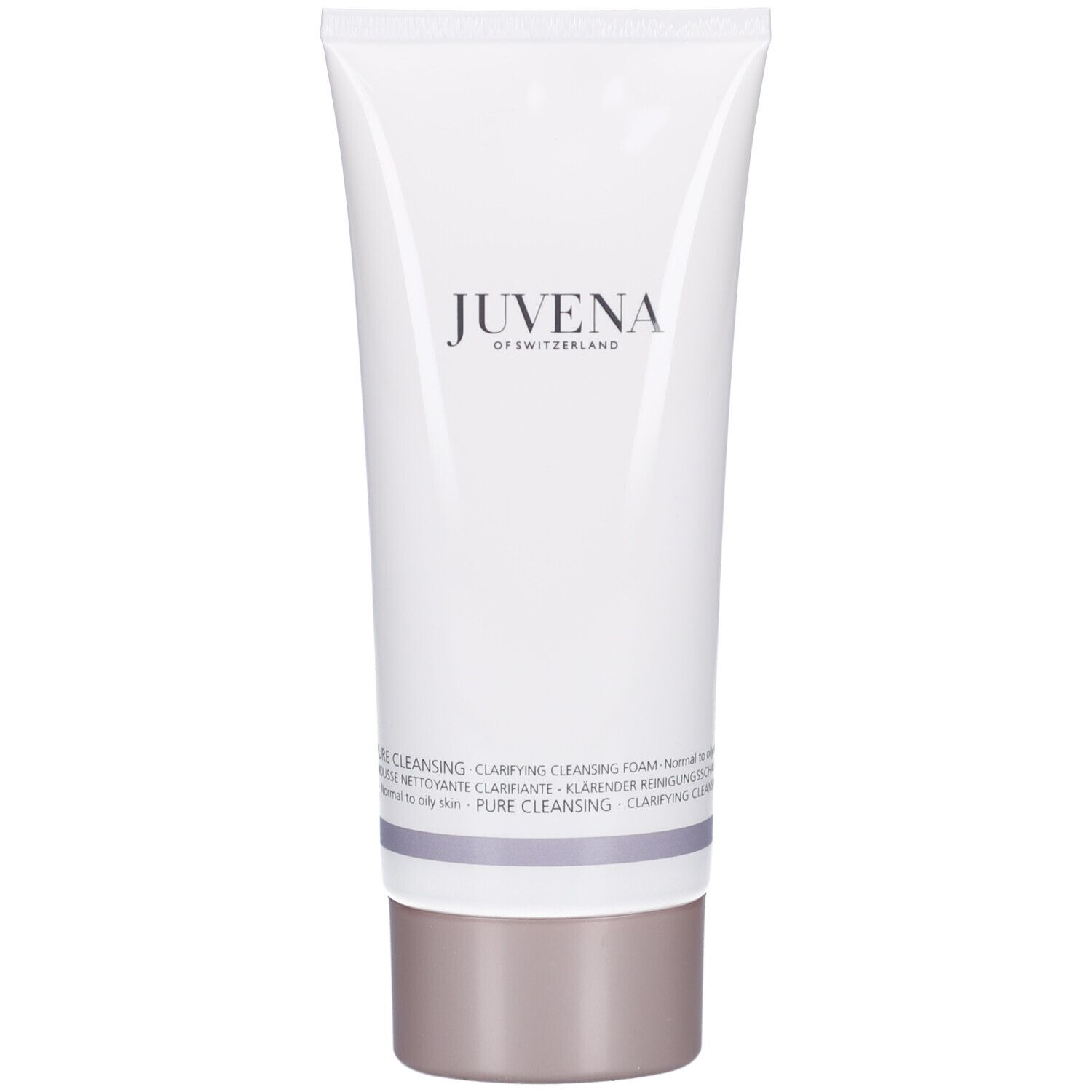 Tubo bianco con prodotto. Scritta: JUVENA OF SWITZERLAND. Testo: Clarifying Cleansing Foam.