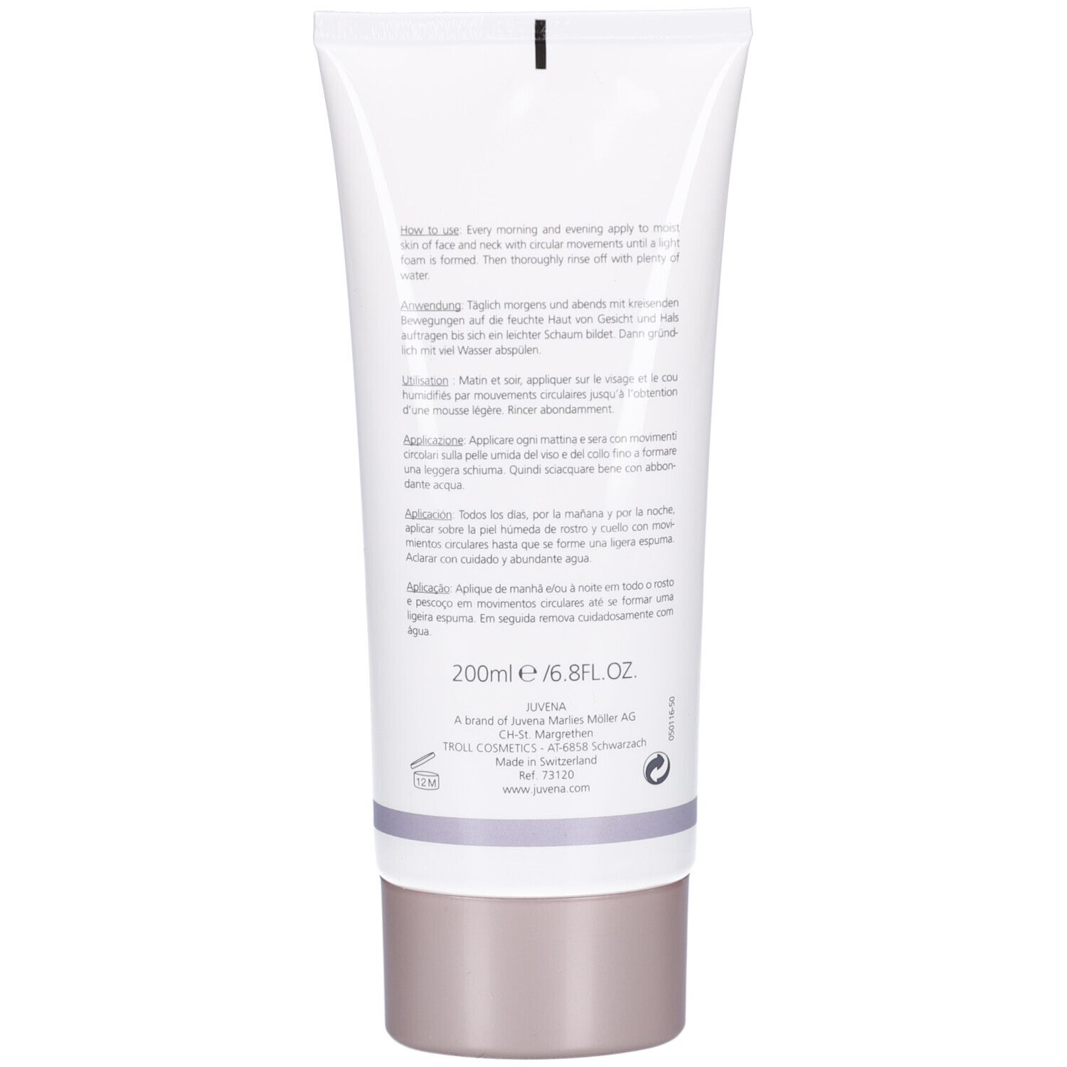 Retro del tubo. Testo in più lingue. Scritta: JUVENA. 200ml/6.8FL.OZ.
