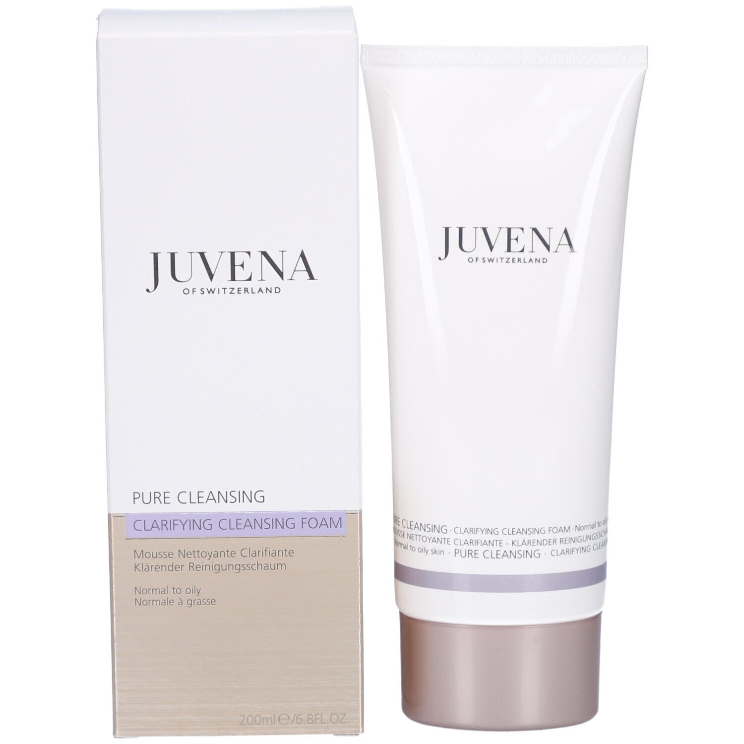 Prodotto e confezione. Scritta: JUVENA. Testo: Clarifying Cleansing Foam. 200ml/6.8FL.OZ.