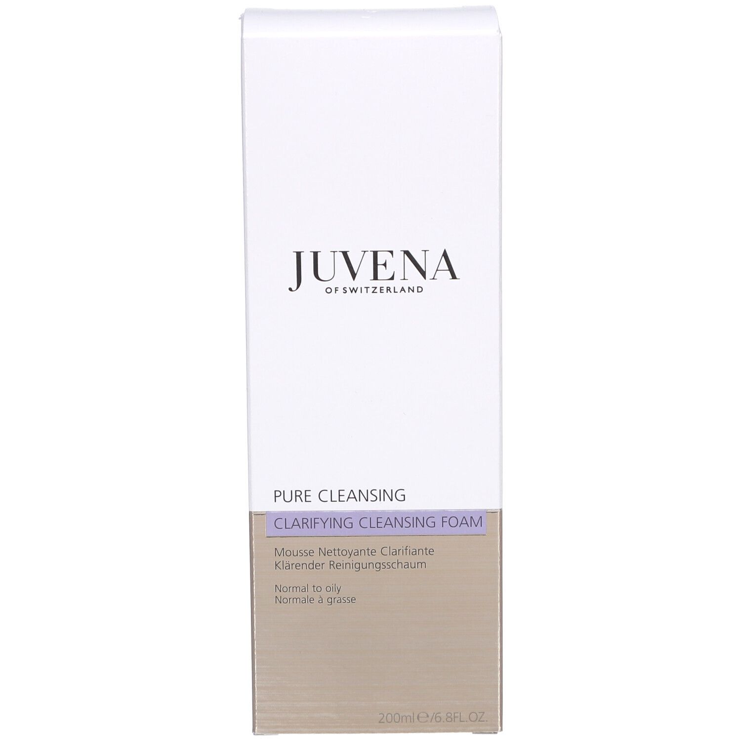 Confezione. Scritta: JUVENA. Testo: Clarifying Cleansing Foam. 200ml/6.8FL.OZ.
