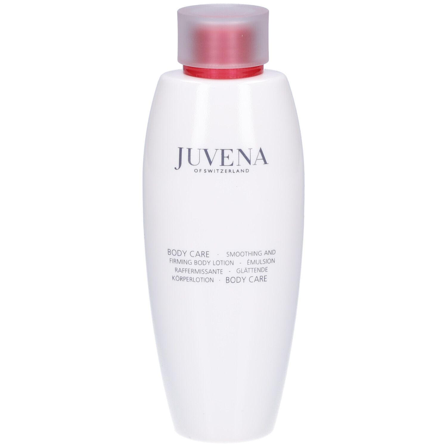 Flacone bianco con tappo rosso. Scritta: Juvena of Switzerland, Body Care, Smoothing & Firming Body Lotion.