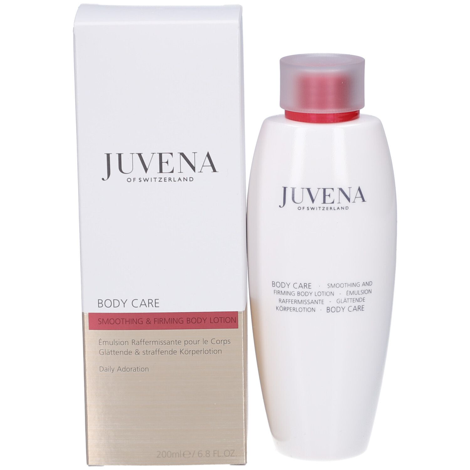 Flacone e confezione del prodotto. Scritta: Juvena of Switzerland, Body Care, Smoothing & Firming Body Lotion.