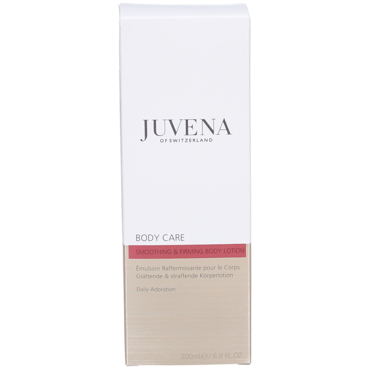 Confezione. Scritta: Juvena of Switzerland, Body Care, Smoothing & Firming Body Lotion, 200ml/6.8 FL.OZ.