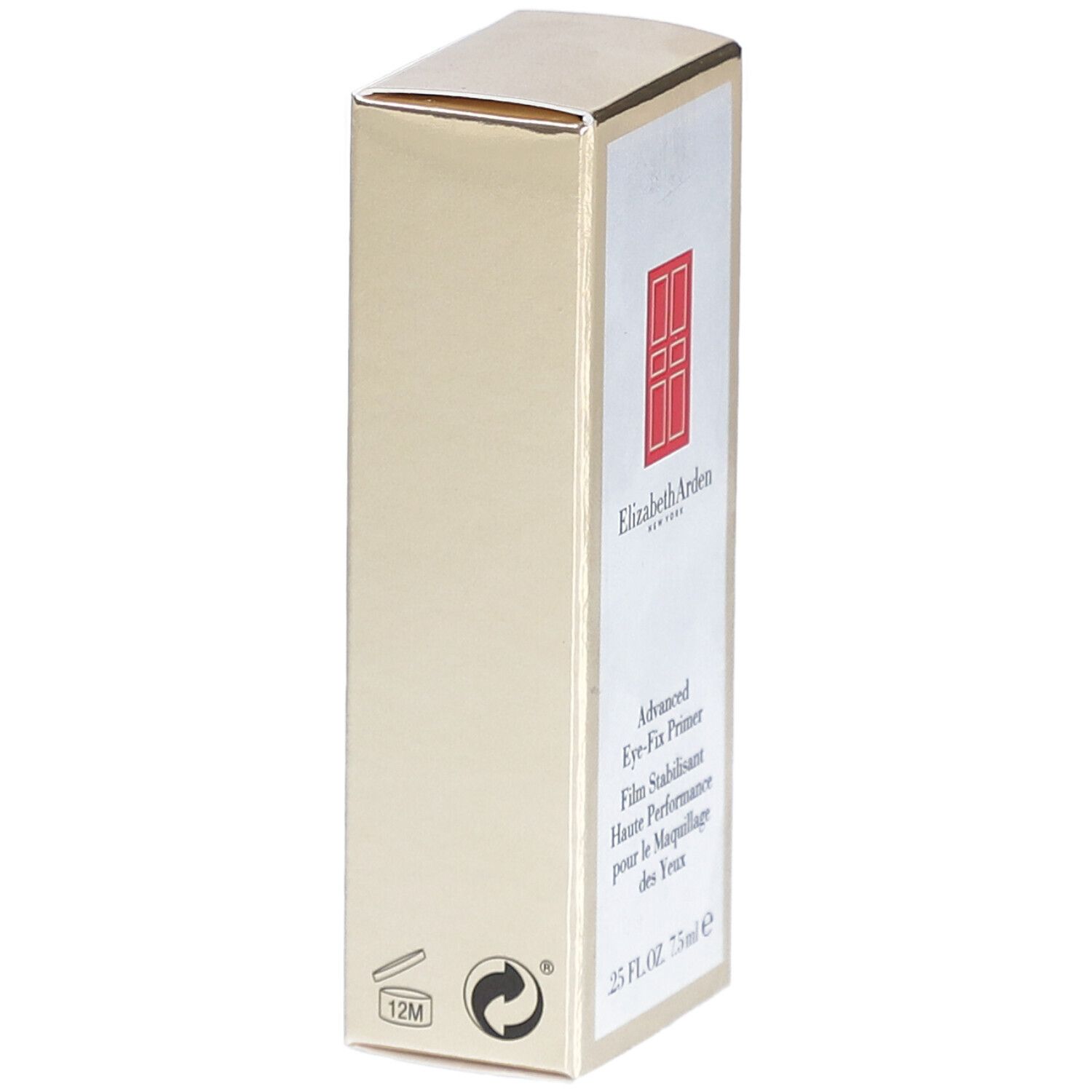 Scatola dorata. Scritto: Elizabeth Arden, Advanced Eye-Fix Primer. 25 FL.OZ. 7.5ml.
