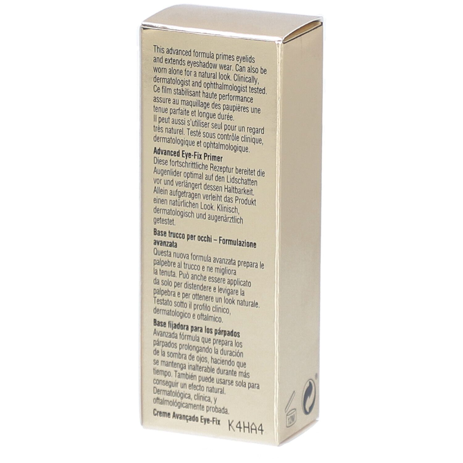 Retro della scatola dorata. Testo: Elizabeth Arden Advanced Eye-Fix Primer. Ingredienti.