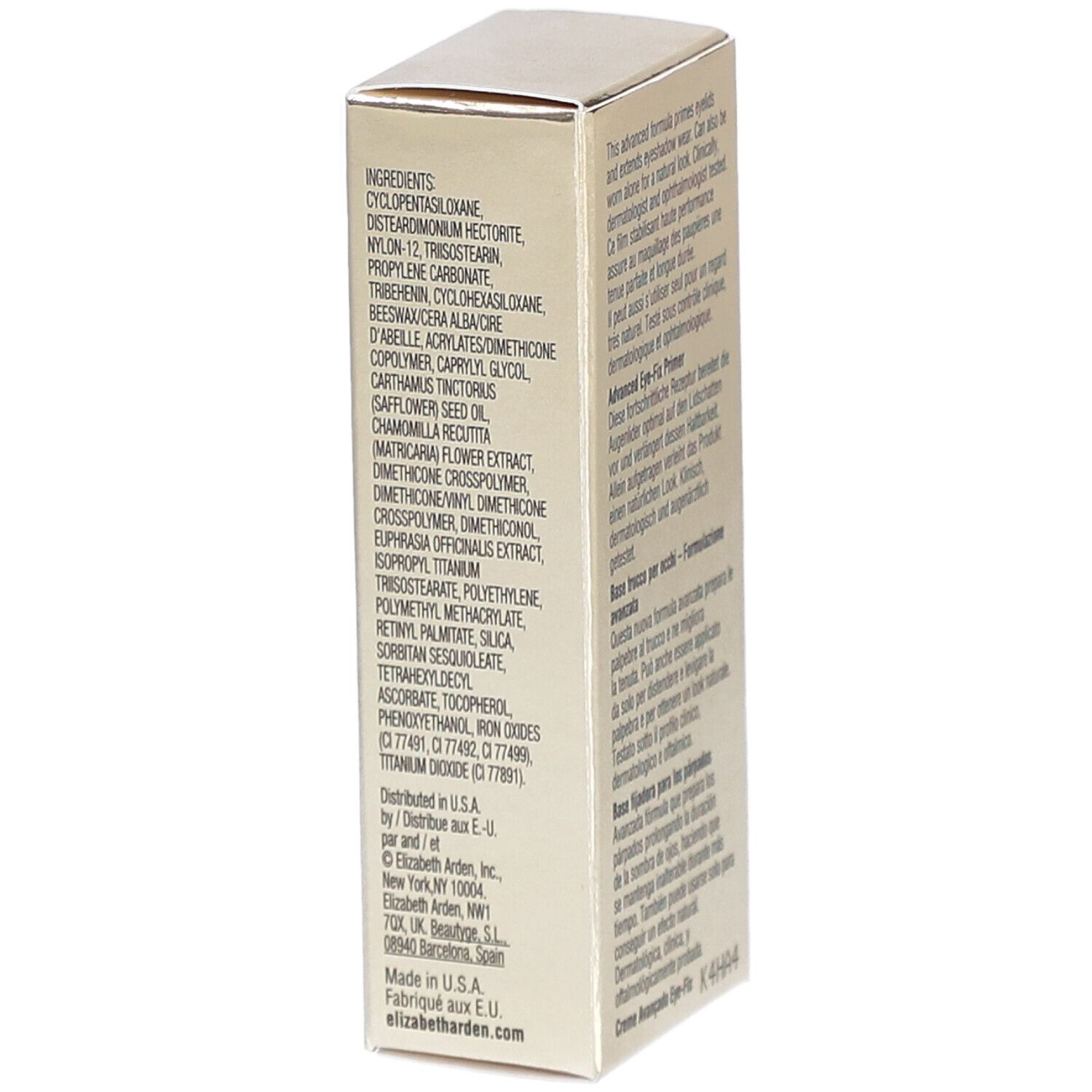 Lato della scatola dorata. Testo: Elizabeth Arden Advanced Eye-Fix Primer. Ingredienti.