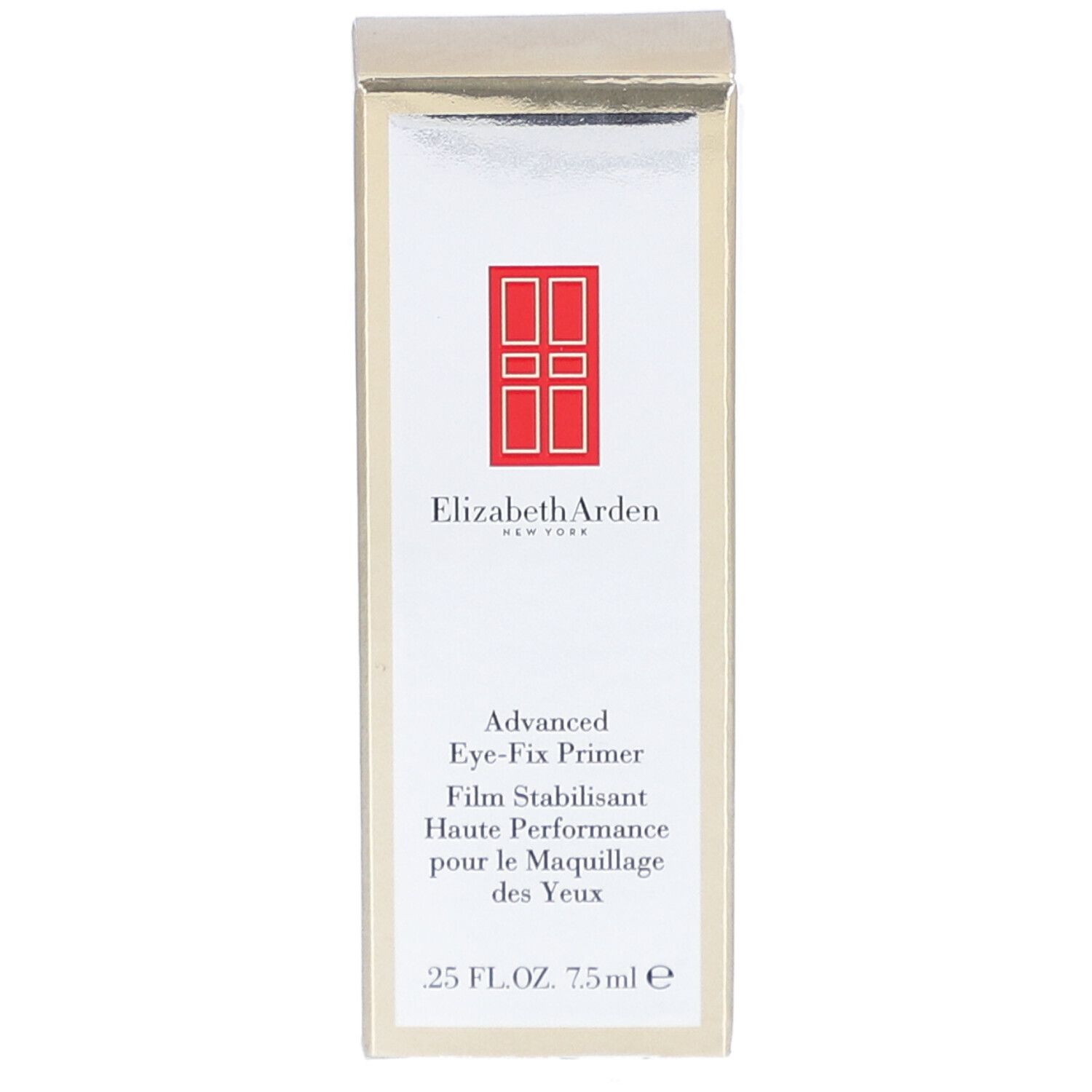 Scatola dorata. Scritto: Elizabeth Arden, Advanced Eye-Fix Primer. 25 FL.OZ. 7.5ml.