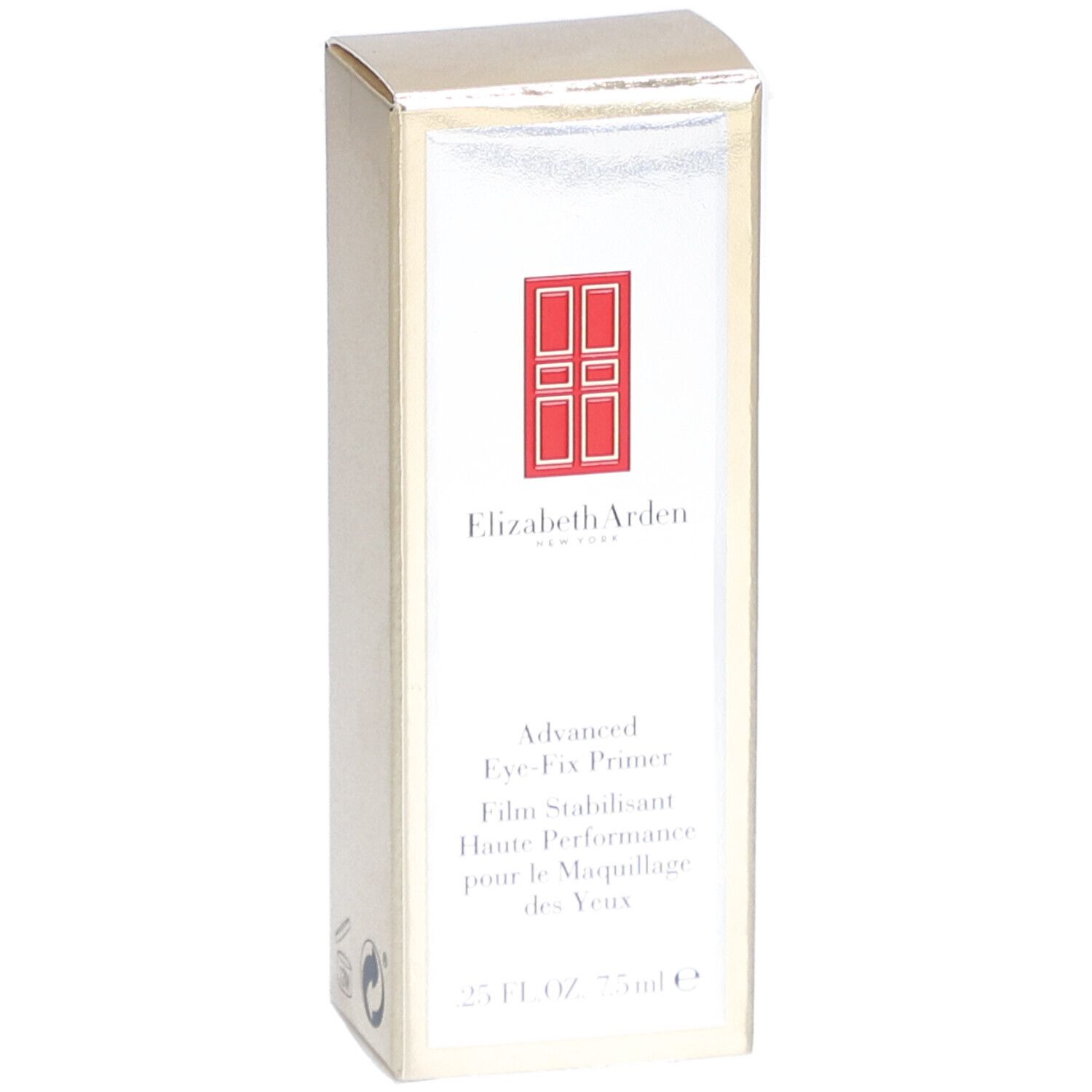 Scatola dorata. Scritto: Elizabeth Arden, Advanced Eye-Fix Primer. 25 FL.OZ. 7.5ml.