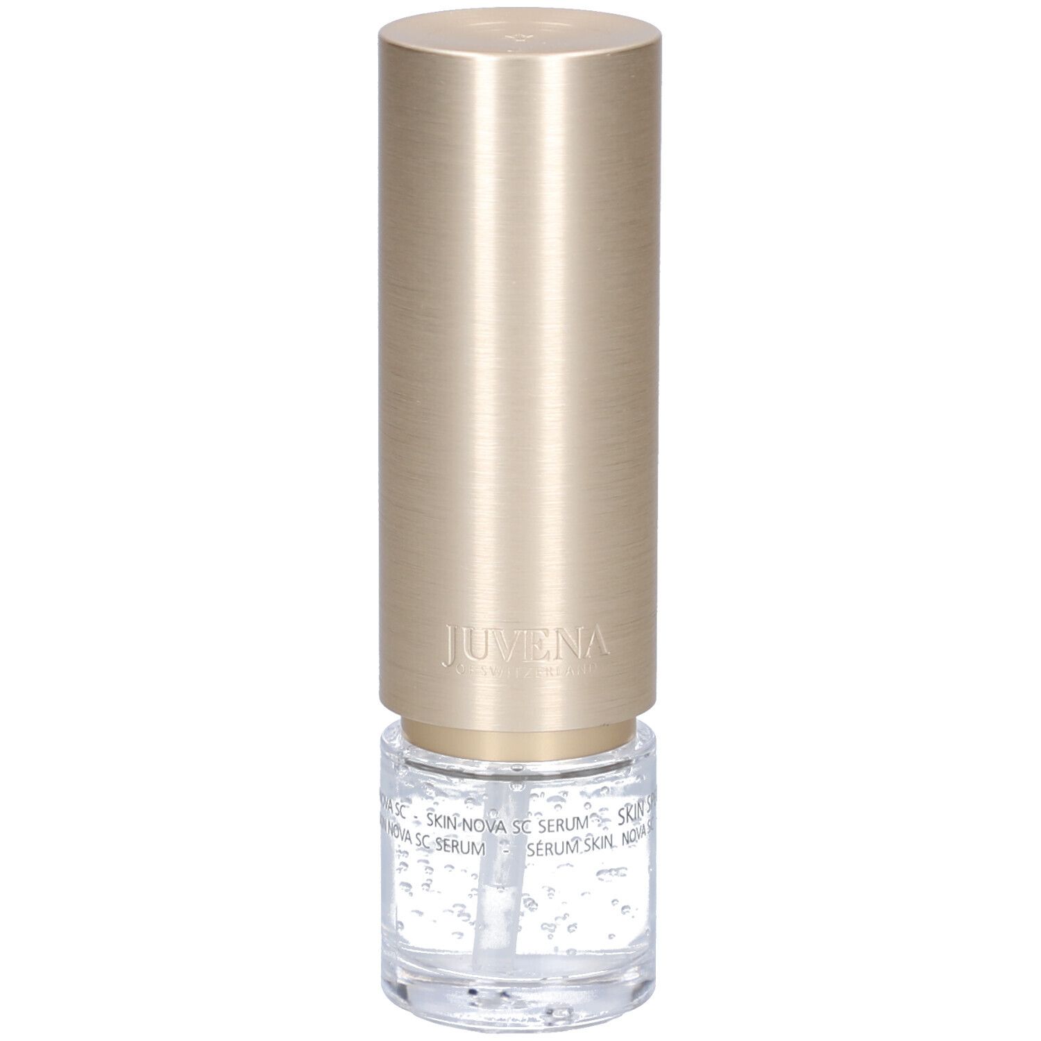 Flacone beige dorato. Scritta: JUVENA, SKIN SPECIALISTS, SKIN NOVA SC SERUM.