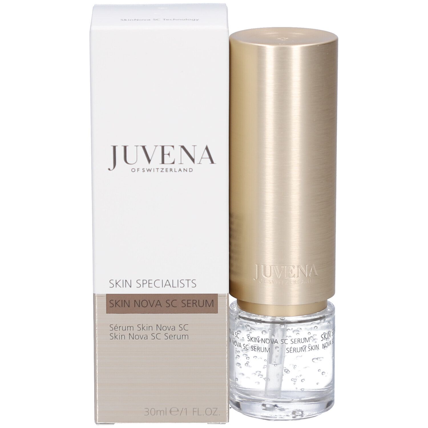 Confezione del prodotto. Scritta: JUVENA, SKIN SPECIALISTS, SKIN NOVA SC SERUM, 30ml.