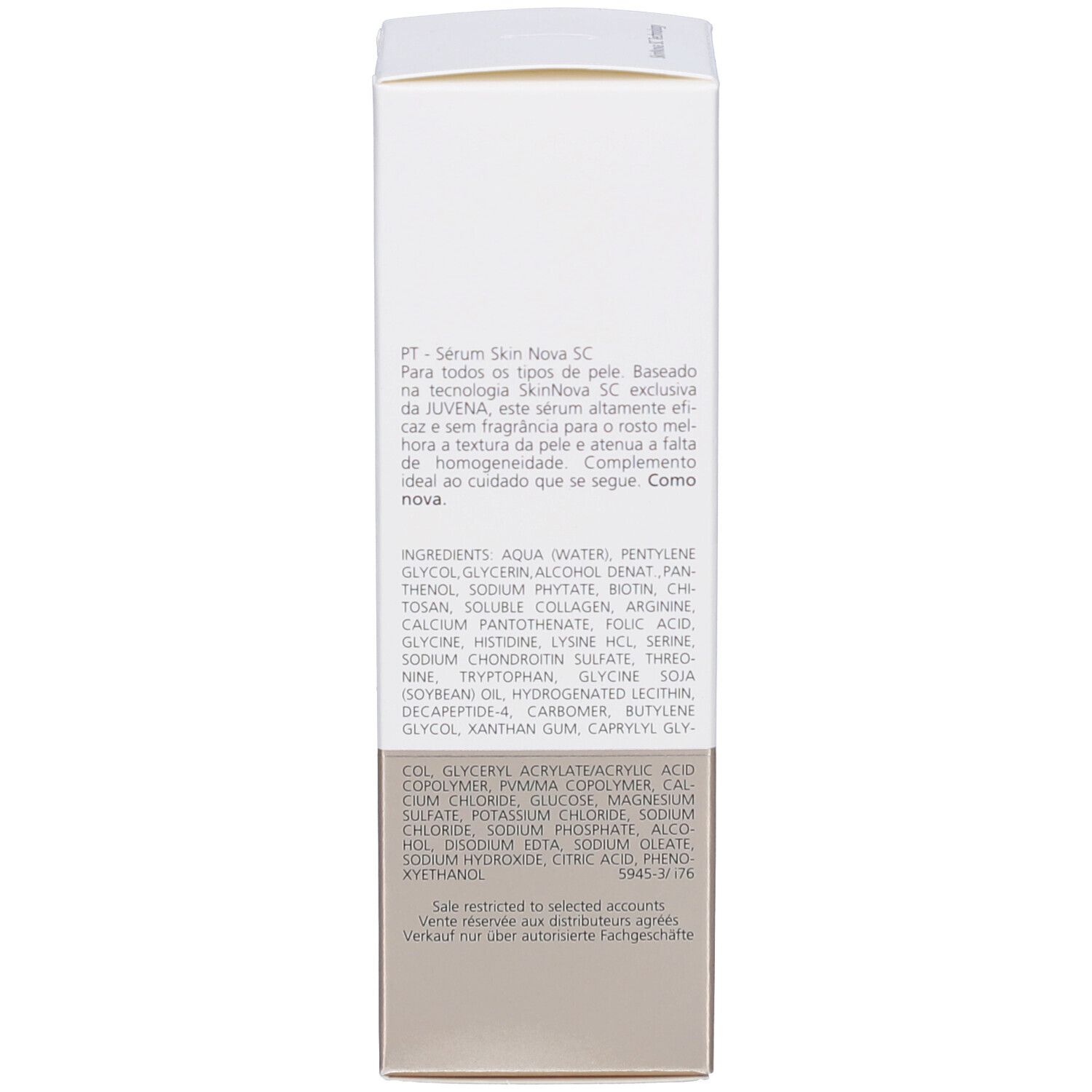 Retro della confezione. Testo multilingue, ingredienti.