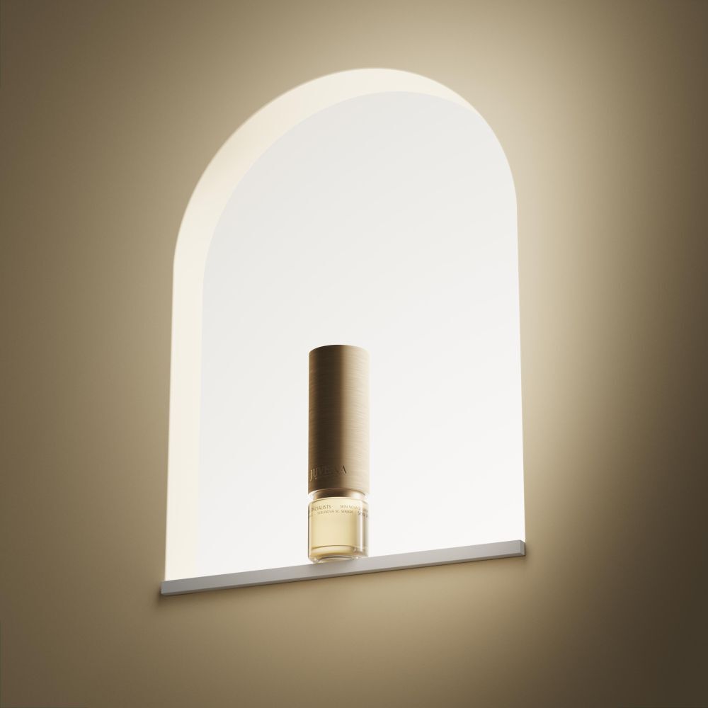 Flacone beige dorato in una nicchia. Scritta: JUVENA.