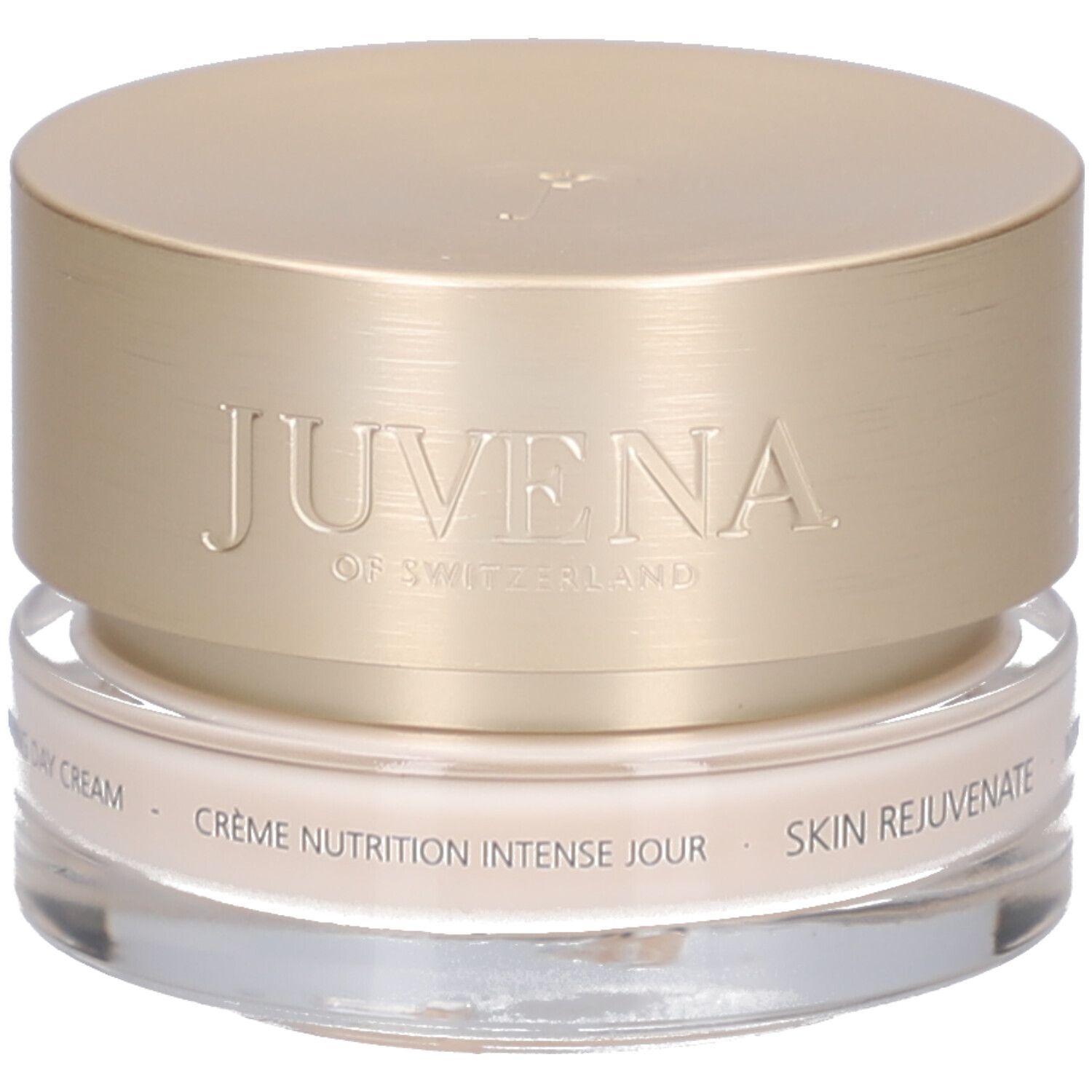 Vasetto di crema con coperchio dorato. Scritta: JUVENA OF SWITZERLAND. Testo: SKIN REJUVENATE, Crème Nutrition Intense Jour.
