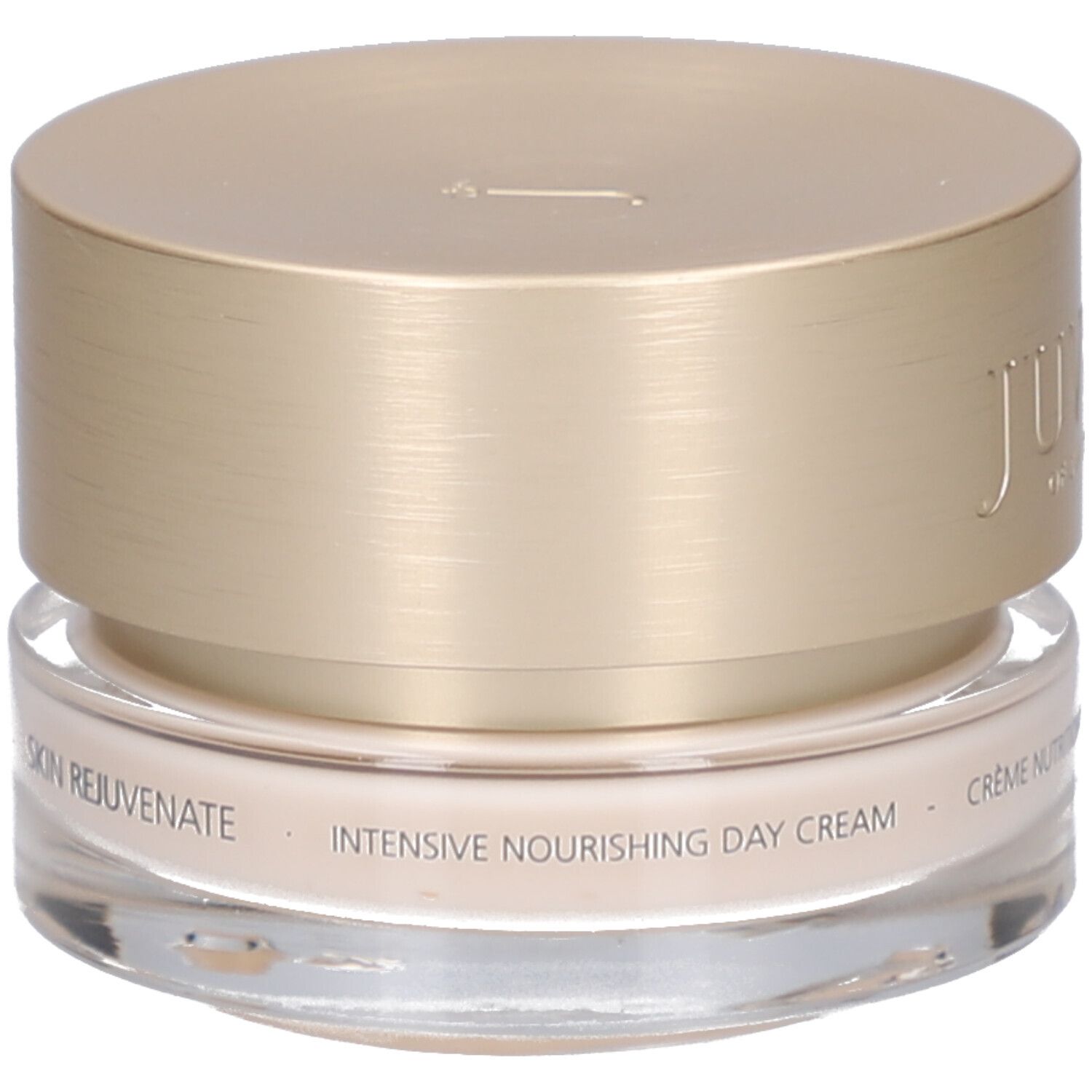 Vasetto di crema con coperchio dorato. Scritta: JUVENA OF SWITZERLAND. Testo: INTENSIVE NOURISHING DAY CREAM, Crème Nutrition Intense Jour.