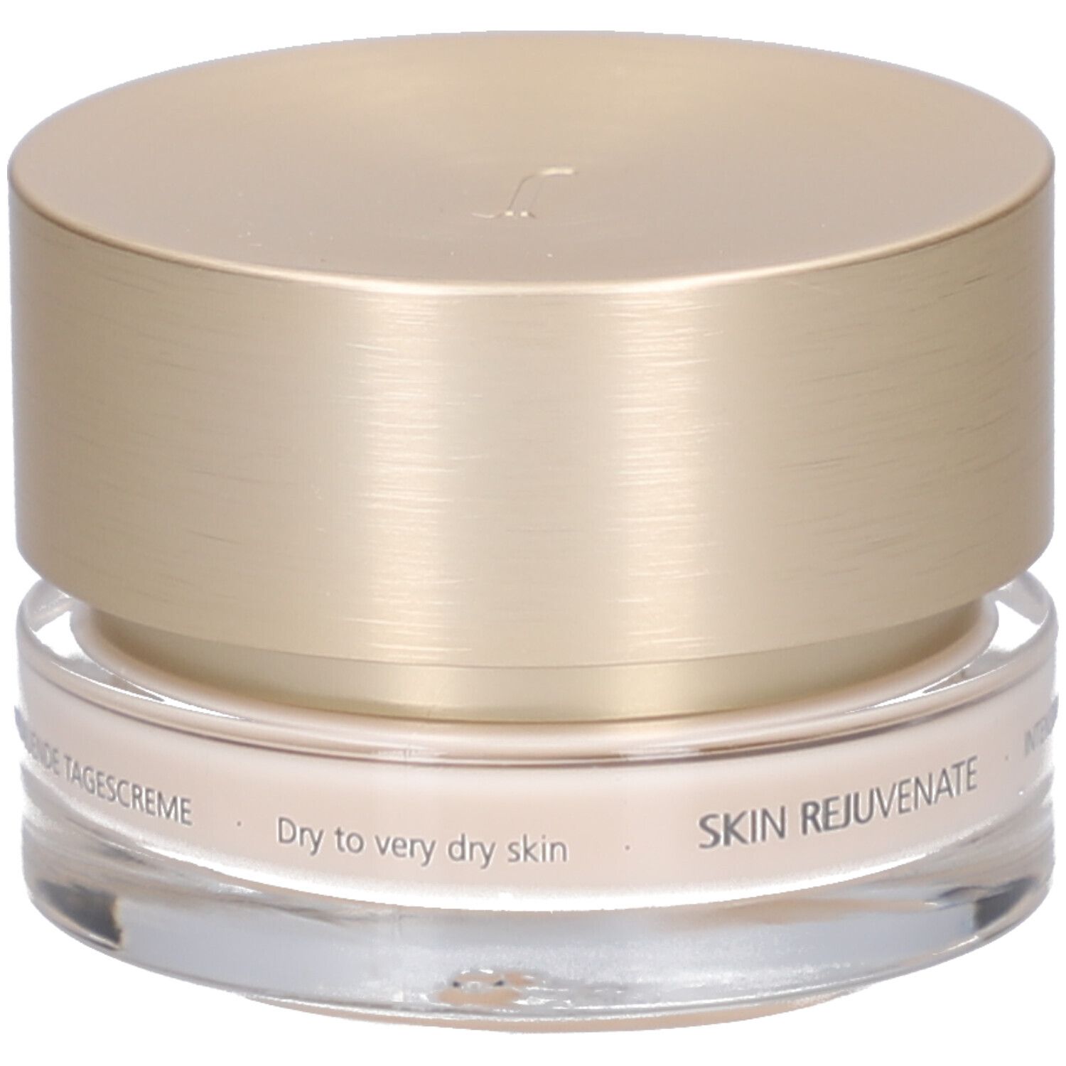 Vasetto di crema con coperchio dorato. Scritta: JUVENA OF SWITZERLAND. Testo: SKIN REJUVENATE, Dry to very dry skin.