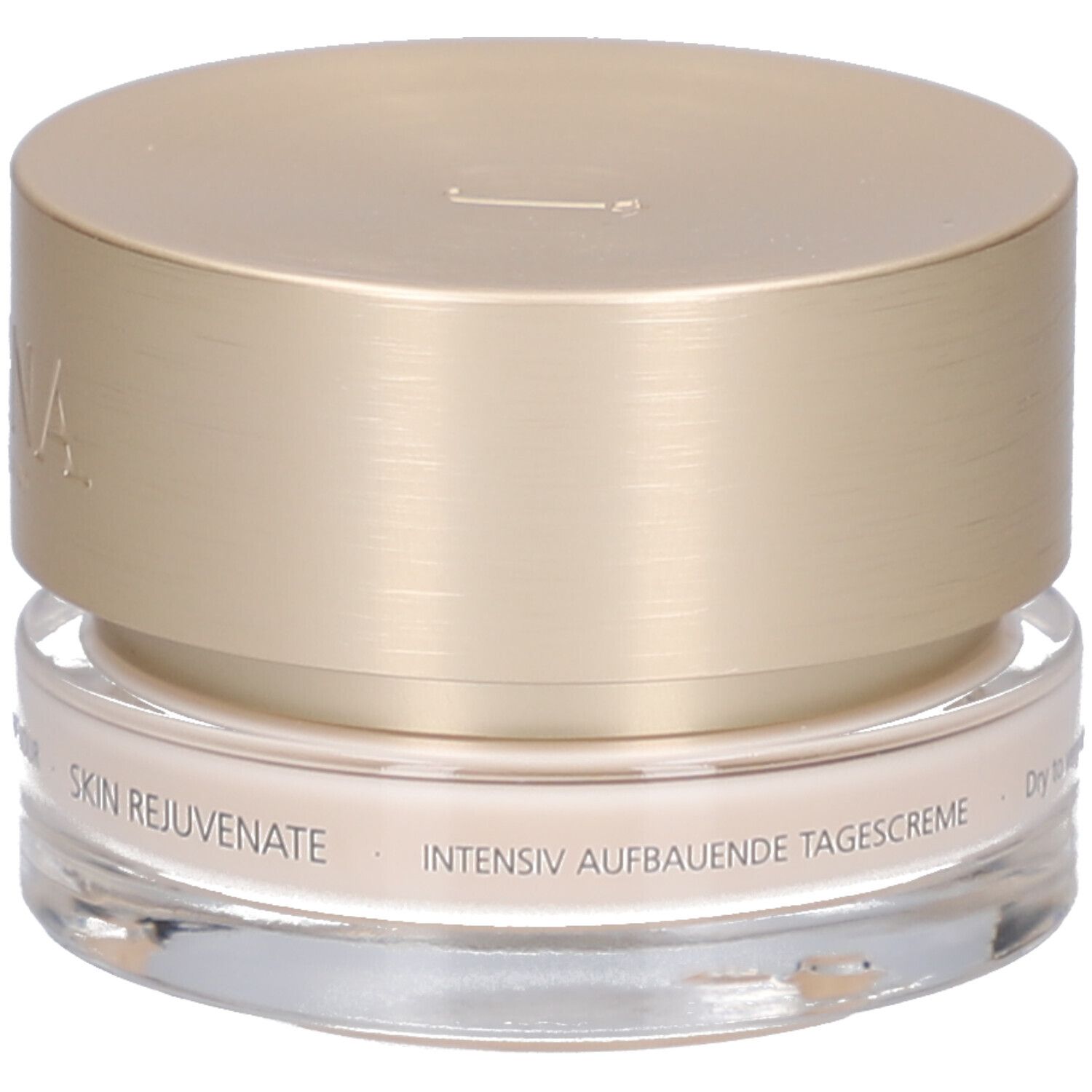Vasetto di crema con coperchio dorato. Scritta: JUVENA OF SWITZERLAND. Testo: INTENSIV AUFBAUENDE TAGESCREME, SKIN REJUVENATE.