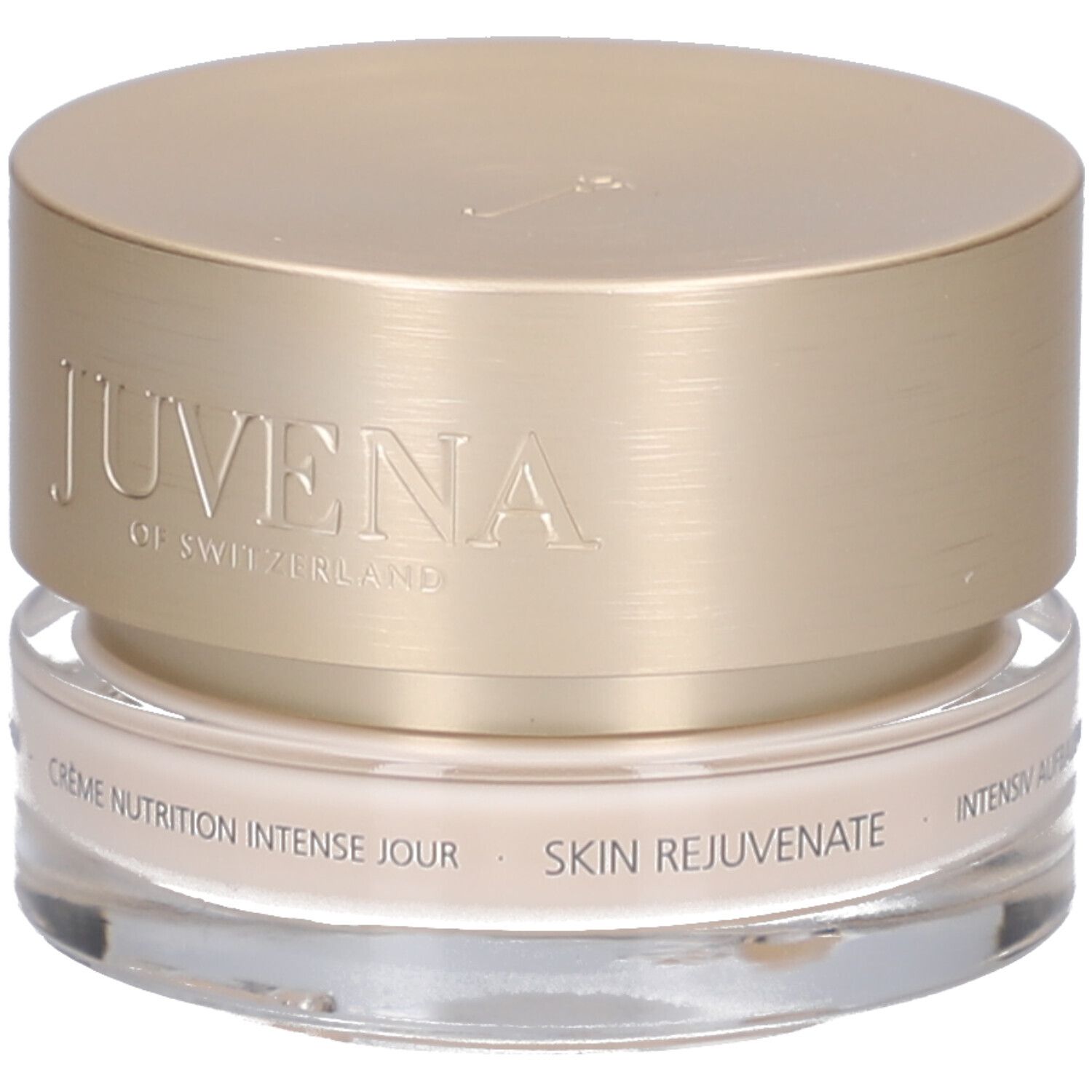 Vasetto di crema con coperchio dorato. Scritta: JUVENA OF SWITZERLAND. Testo: Crème Nutrition Intense Jour, SKIN REJUVENATE.