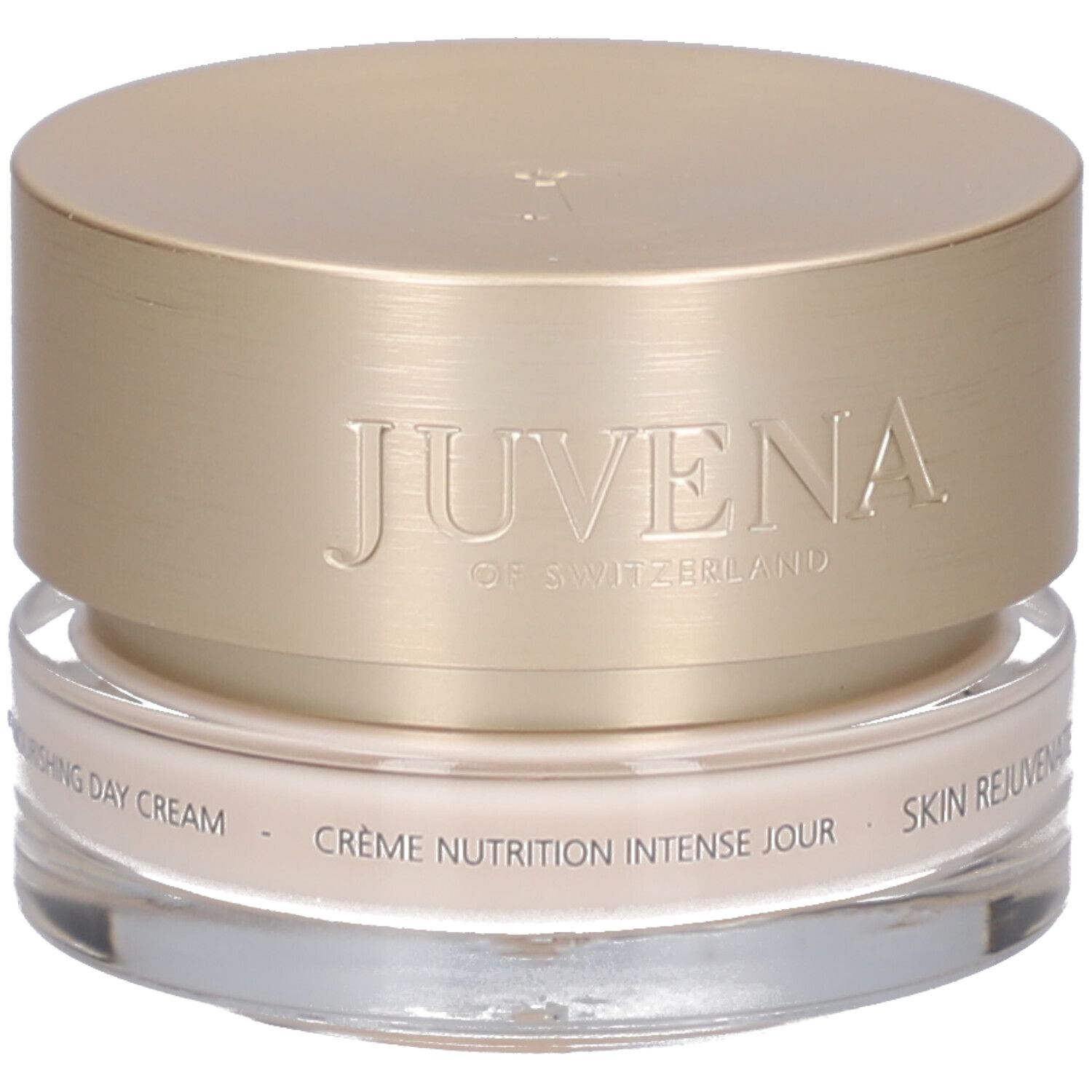 Vasetto di crema con coperchio dorato. Scritta: JUVENA OF SWITZERLAND. Testo: Crème Nutrition Intense Jour, SKIN REJUVENATE.
