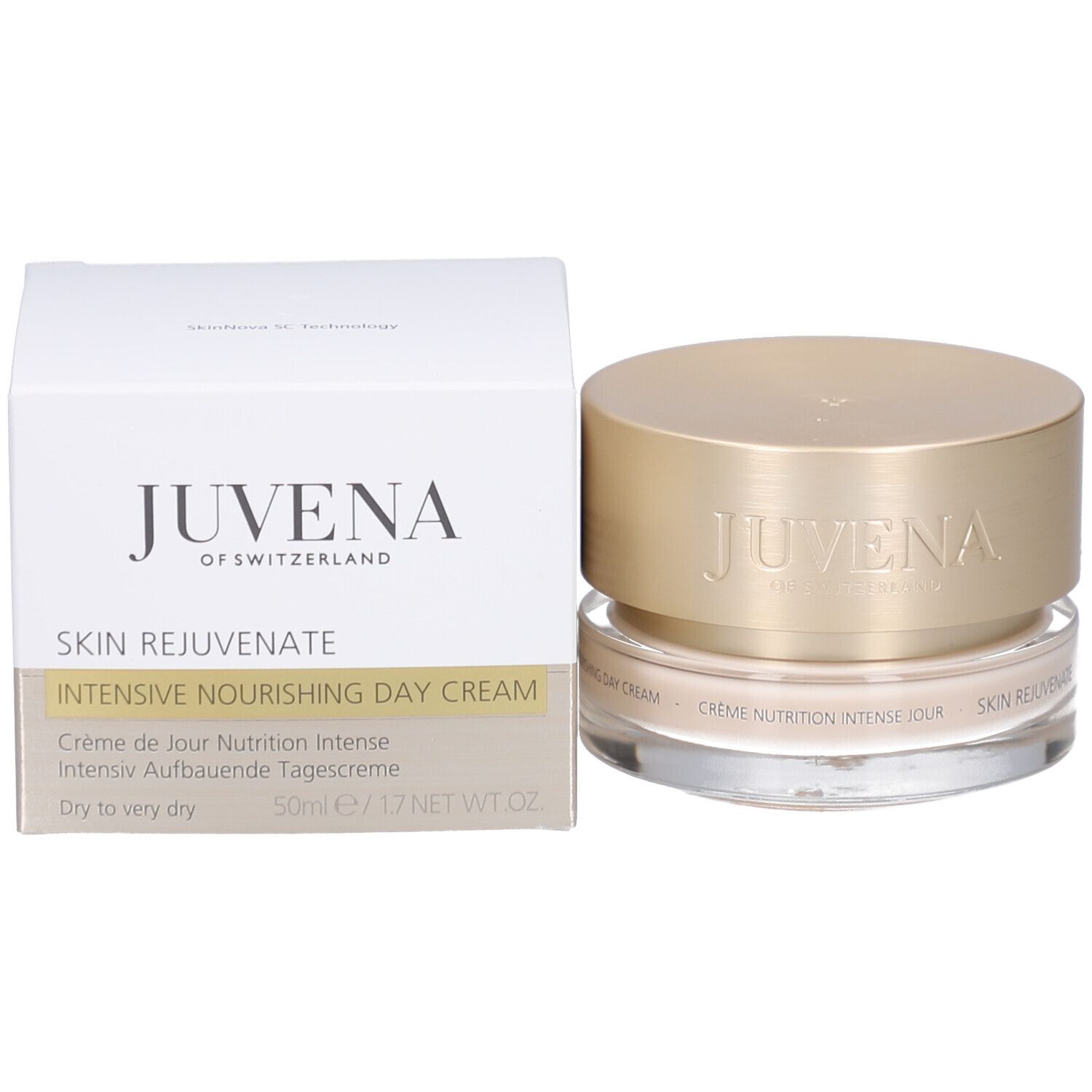 Vasetto di crema con coperchio dorato. Scritta: JUVENA OF SWITZERLAND. Testo: INTENSIVE NOURISHING DAY CREAM, Crème Nutrition Intense Jour.