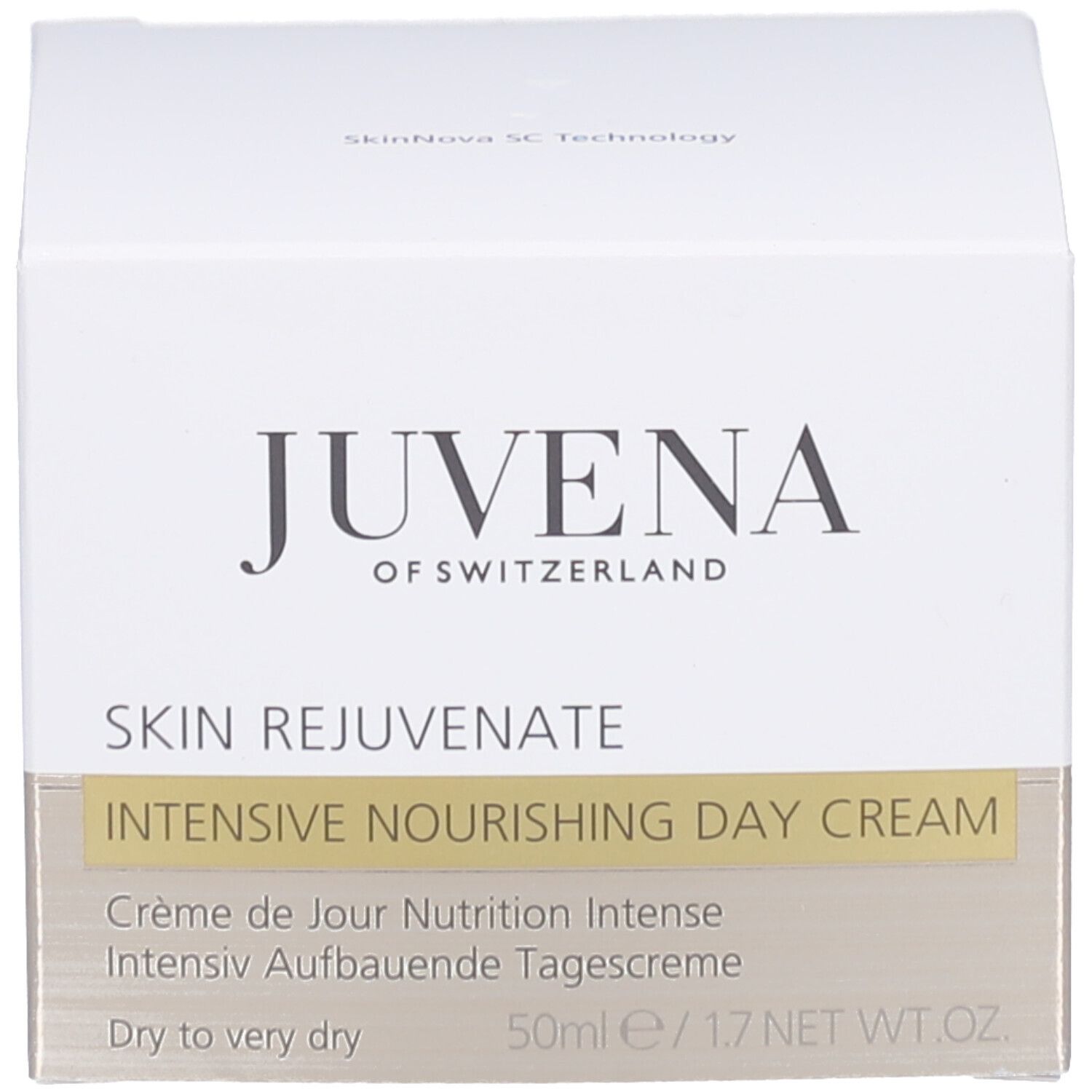 Vasetto di crema con coperchio dorato. Scritta: JUVENA OF SWITZERLAND. Testo: INTENSIVE NOURISHING DAY CREAM, Crème Nutrition Intense Jour.