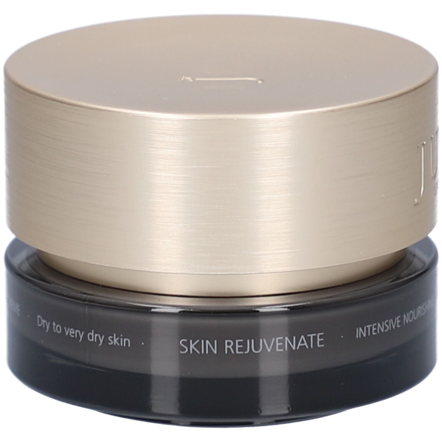 Vaso di crema scuro con coperchio dorato. Scritta: JUVENA. Testo: Skin Rejuvenate, Intensive Nourishing Night Cream.
