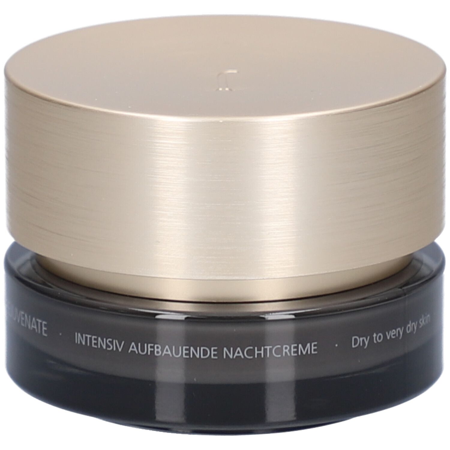 Vaso di crema scuro con coperchio dorato. Scritta: JUVENA. Testo: Intensiv Aufbauende Nachtcreme.
