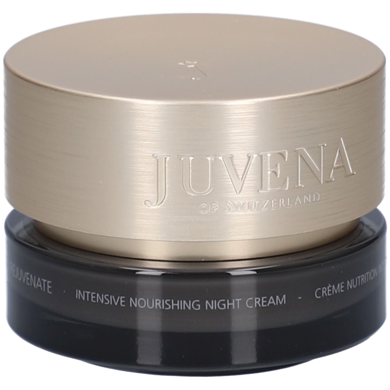 Vaso di crema scuro con coperchio dorato. Scritta: JUVENA OF SWITZERLAND. Testo: Intensive Nourishing Night Cream.