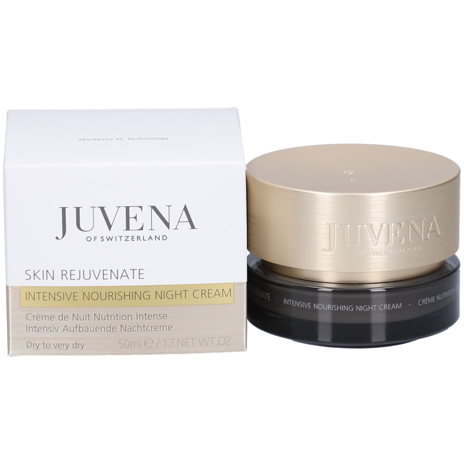 Vaso di crema con coperchio dorato e scatola. Scritta: JUVENA OF SWITZERLAND. Testo: Intensive Nourishing Night Cream.