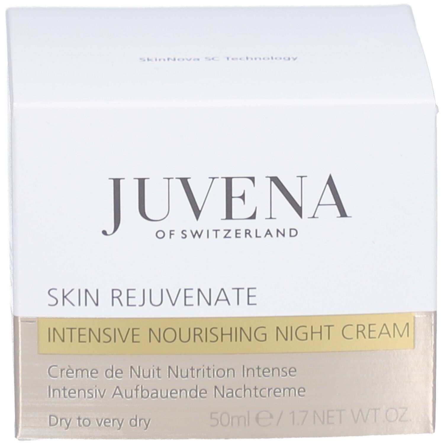 Scatola con scritta: JUVENA OF SWITZERLAND. Testo: Intensive Nourishing Night Cream.